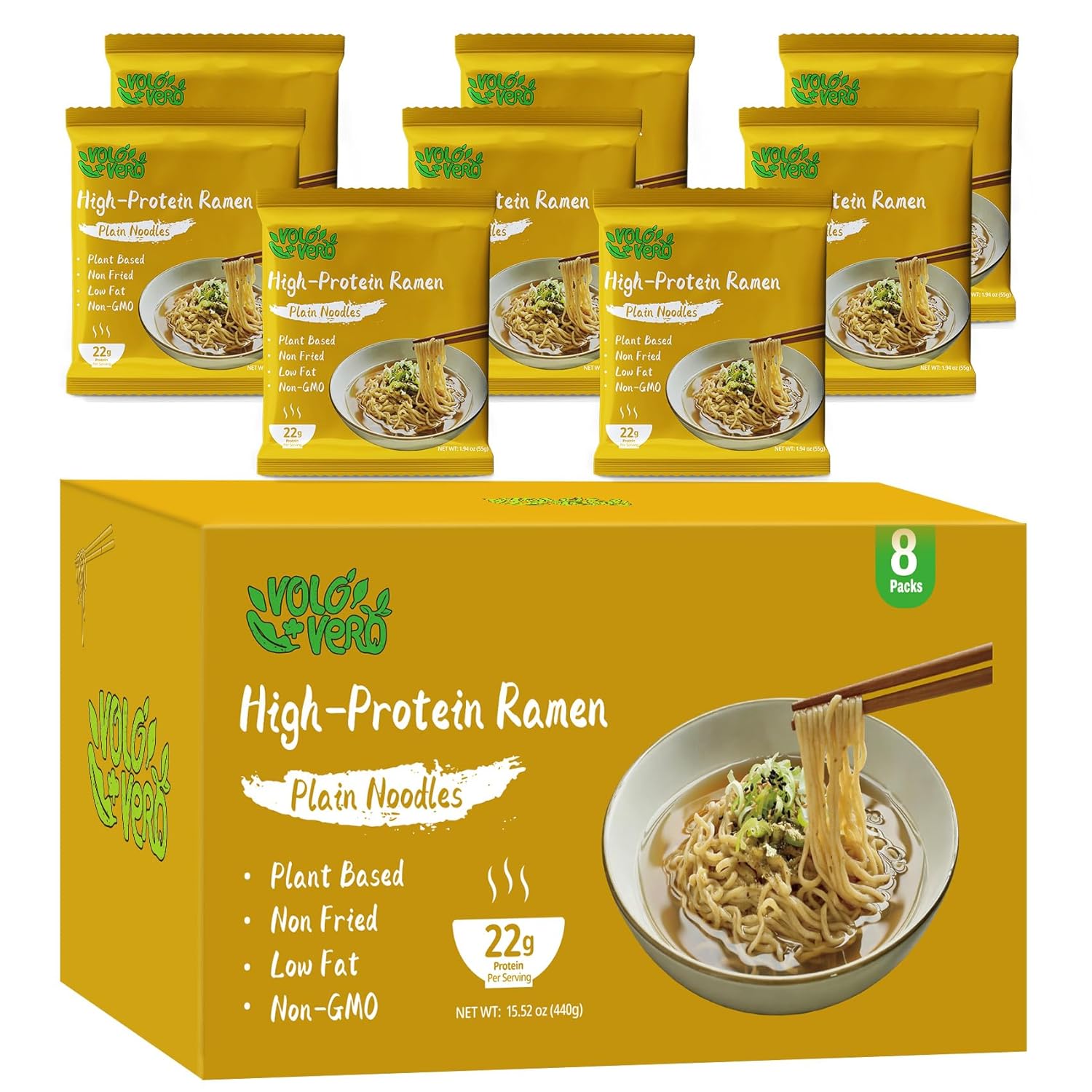 VOLO VERO Protein Ramen Plain Noodles, 22g Plant Based High Protein Vegan Noodle, 8 Pack, Non Fried, Sugar Free, Low Fat, Non GMO, Healthy Asian Style Meal