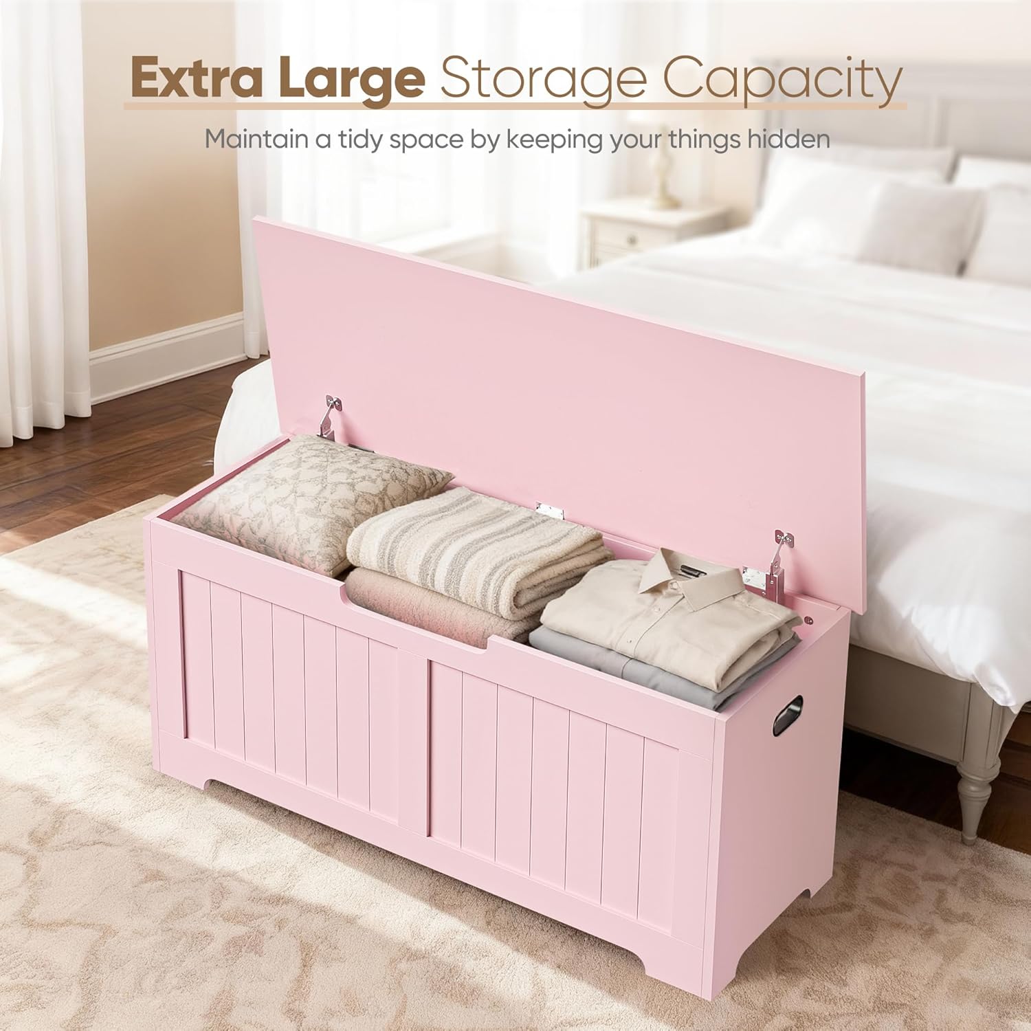 SUPER DEAL Storage Chest, 39 inches Chest Box Organizer with 2 Safety Hinges, Wooden Entryway Shoe Organizer Storage Bench, Pink