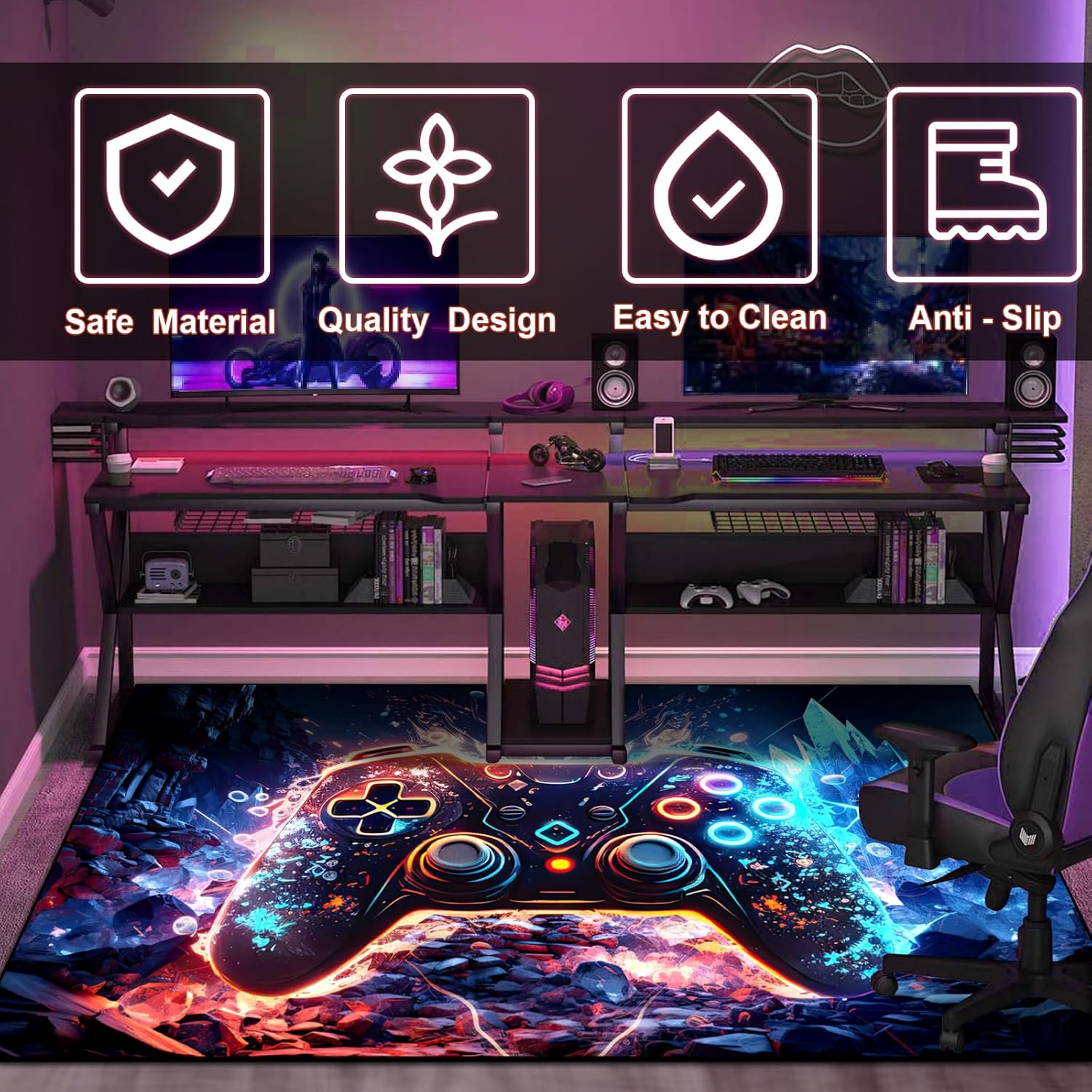 Gaming Area Rug Teen Boys Carpet, Colorful Gamepad Background Game Controller Design for Game Room, Boys Girls Bedroom Playroom, Living Room (Crystal Cave, 70" x 55")