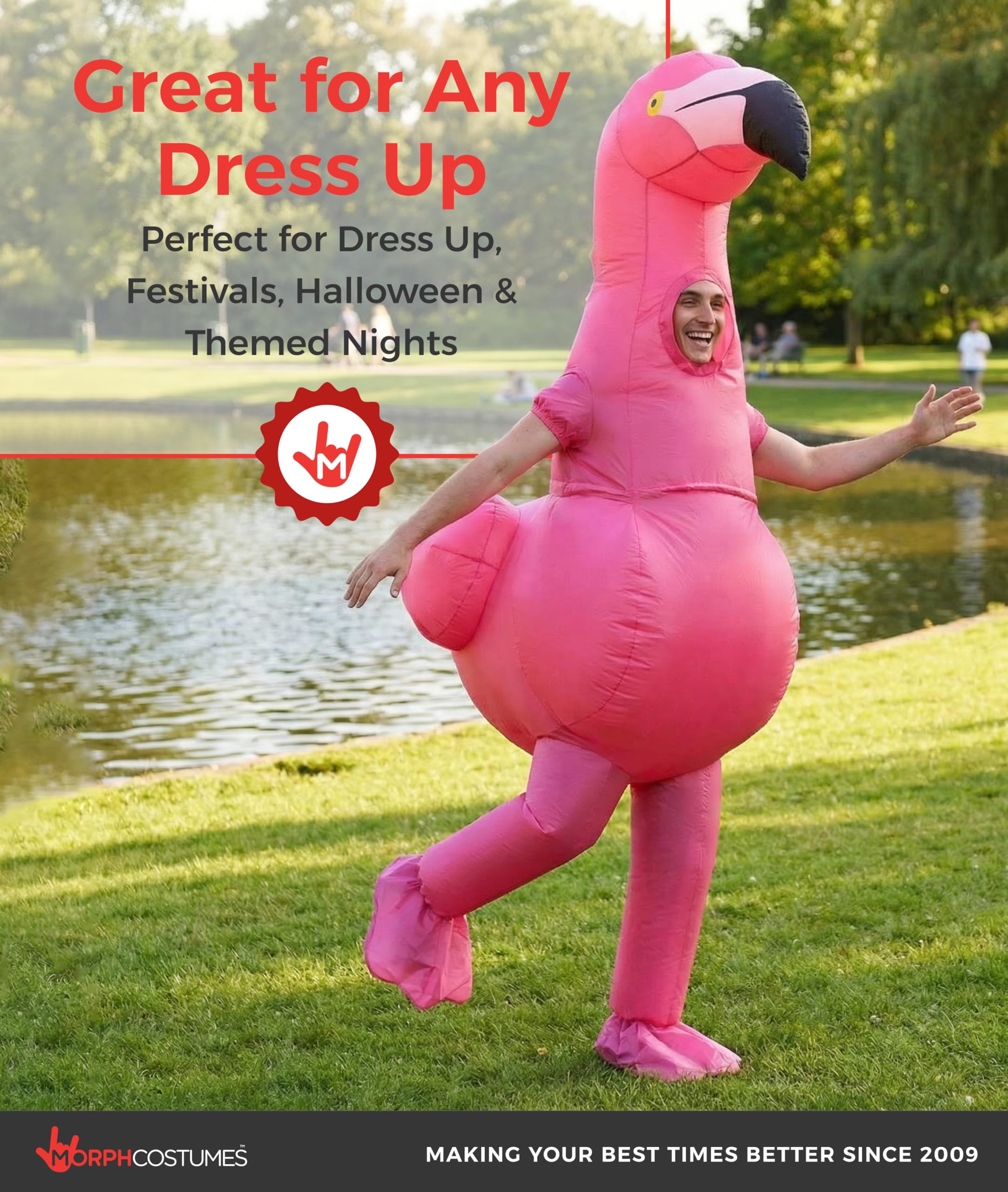 Morph Aufblasbares Flamingo Kostüm für Erwachsene, lustiges Tierkostüm für Karneval, Fasching oder Halloween