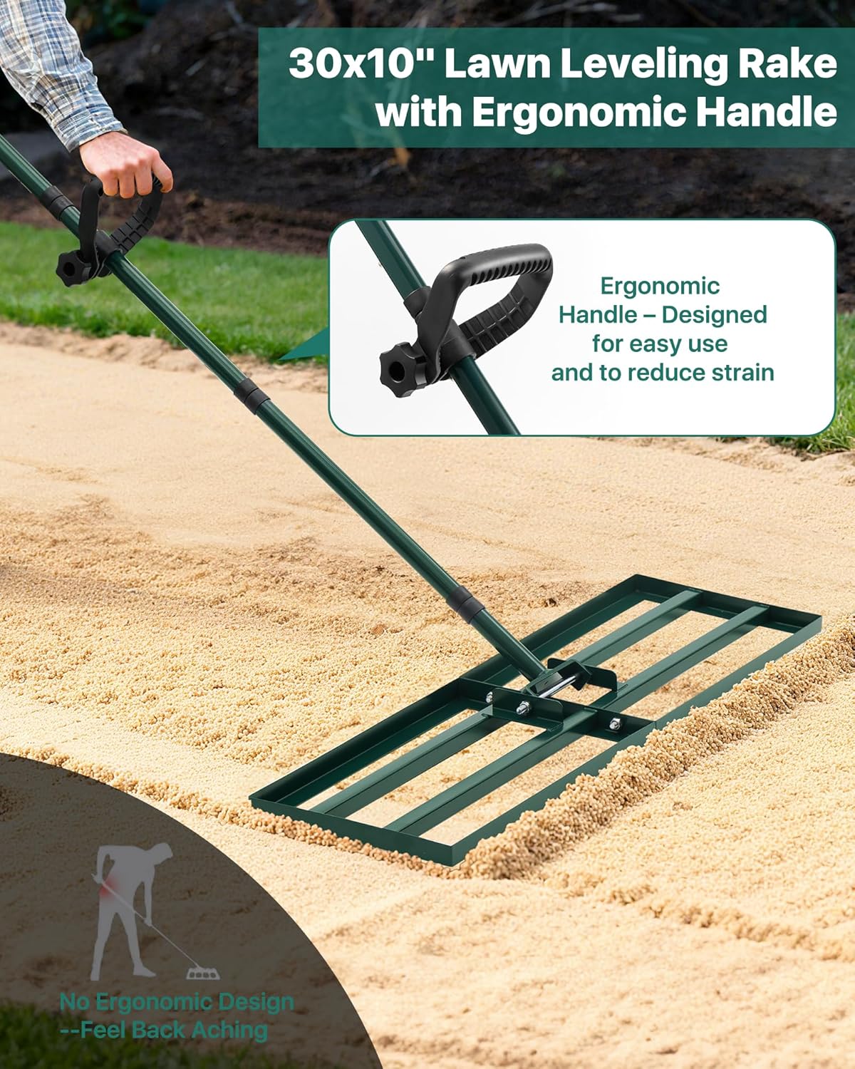 Lawn Leveling Rake 30x10'', Yard Leveling Rake for Soil with Adjustable Handle, Stainless Steel Lawn Leveler Tool for Garden, Backyard, Farm, Golf Course