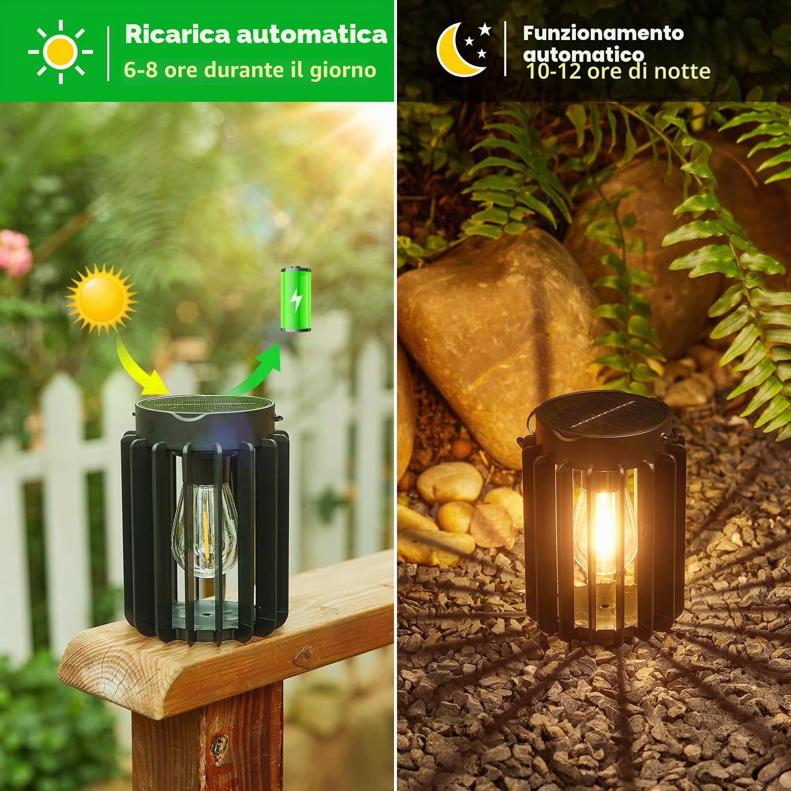 RECHOO Lampade solari per esterni da giardino, da appendere, 2 lanterne solari per esterni con lampadina a LED più grande, IP65, impermeabili, con clip per terrazza, prato, balcone, cortile,