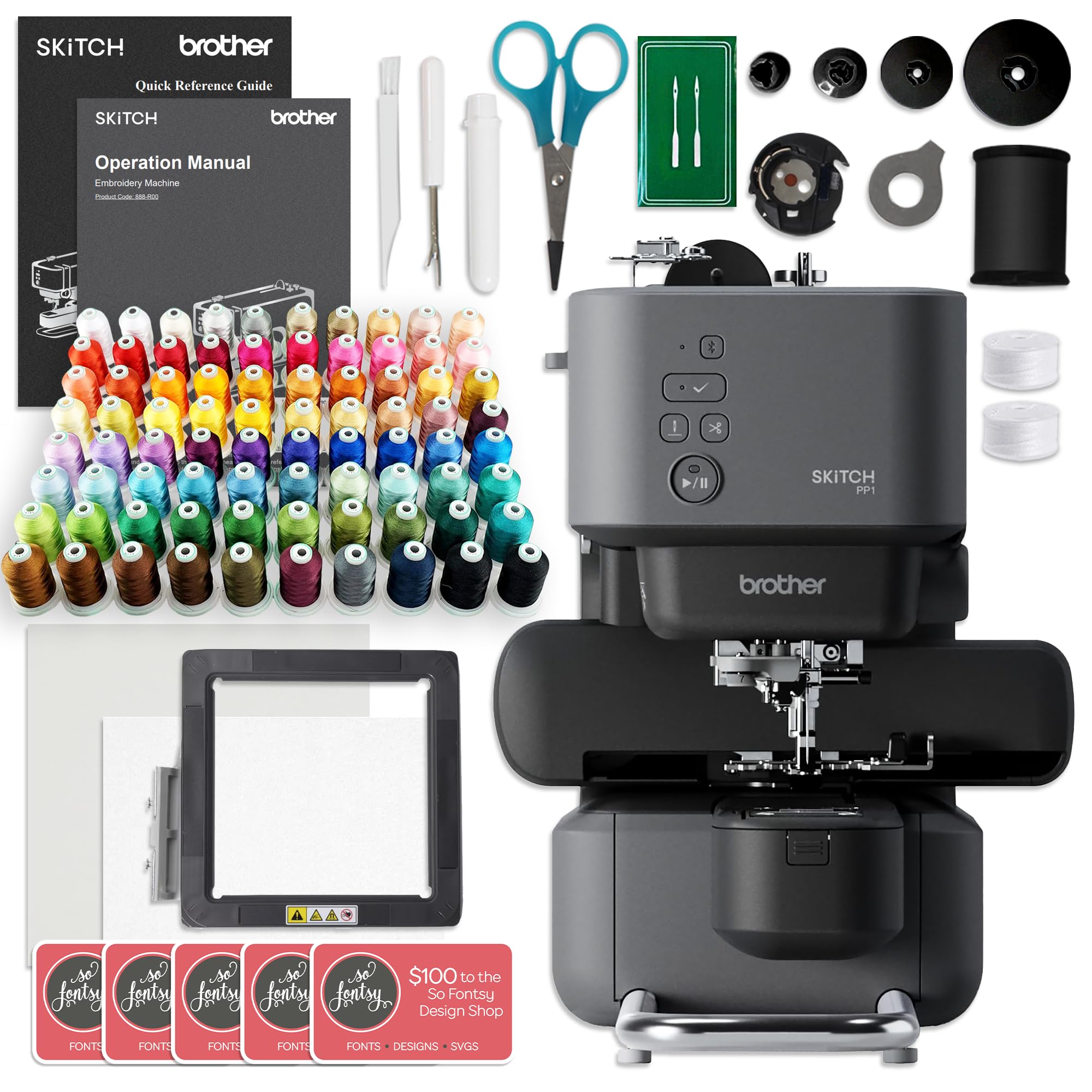 Brother Skitch PP1 4" x 4" Embroidery Machine with 80 Spool Thread and Acessory Bundle