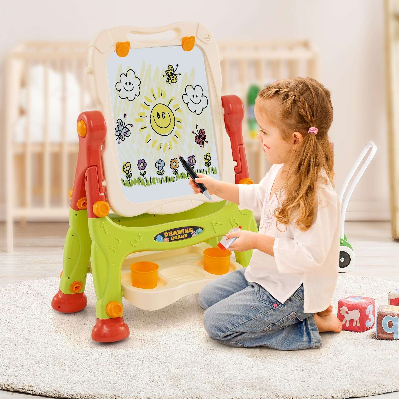 RELAX4LIFE Cavalletto con Tavola Rotante Doppia Faccia per Bambini, Cavalletto Artistico con 2 Altezze Regolabili e Tavola da Disegno Rimovibile, Regalo di Compleanno per Ragazzi e Ragazze (Arancione)