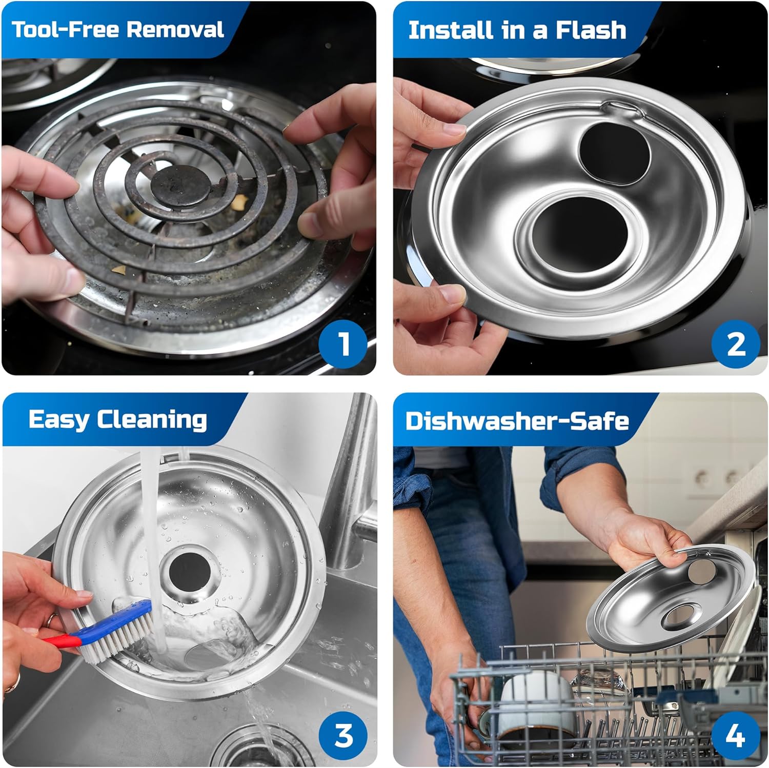 Electric Stove Drip Pans Set of 16, Chrome Burner Covers Replacement for Whirlpool W10278125, Includes 8x6inch and 8x8inch Drip Bowls