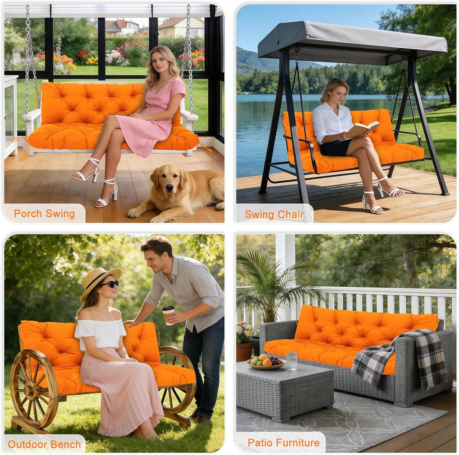 Porch Swing Cushions Outdoor 60 inch x 40 Waterproof Swing Cushions 3 Seater Replacement with Backrest & 8 Ties 5" Thick Bench Swing Cushions for Outdoor Furniture Patio(Orange)