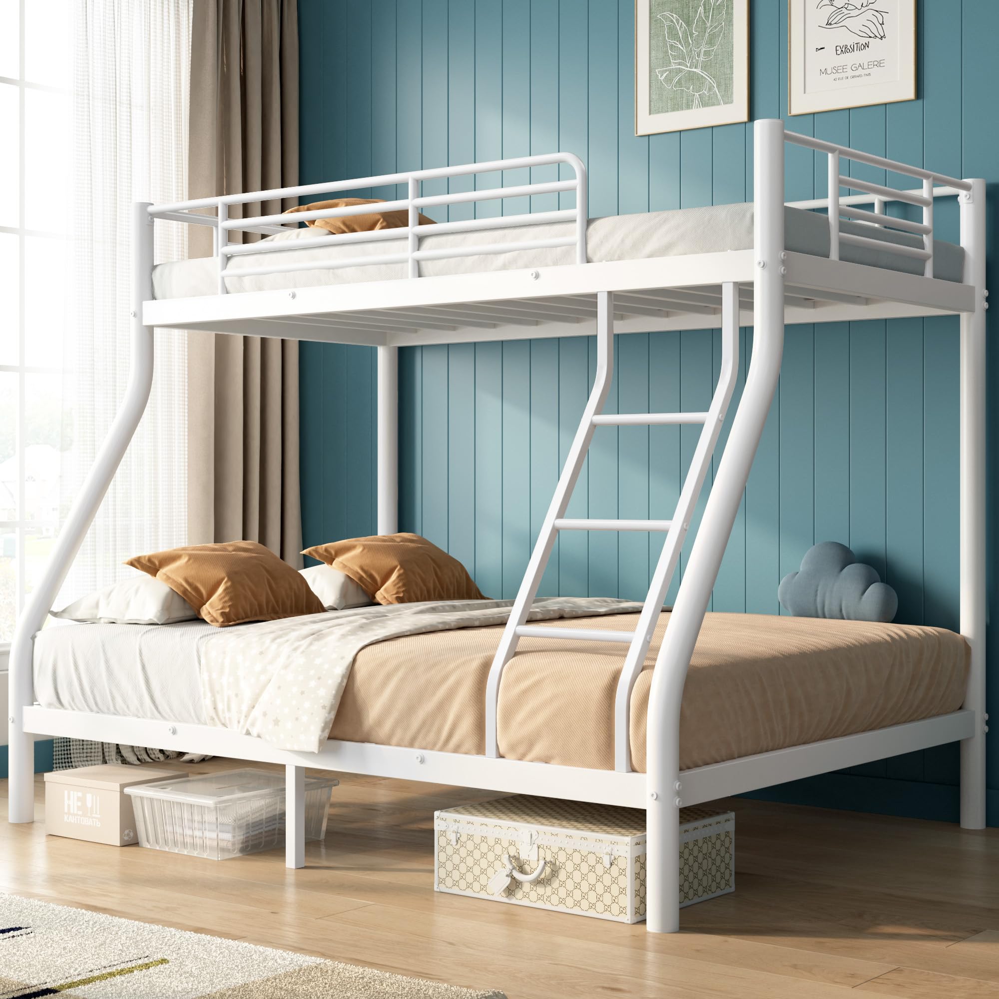 soges Twin Over Full Bunk Bed, Heavy Duty Sturdy Bunk Beds with Ladder & Guardrail, Space-Saving Metal Bed Frame for Teens Adults, White