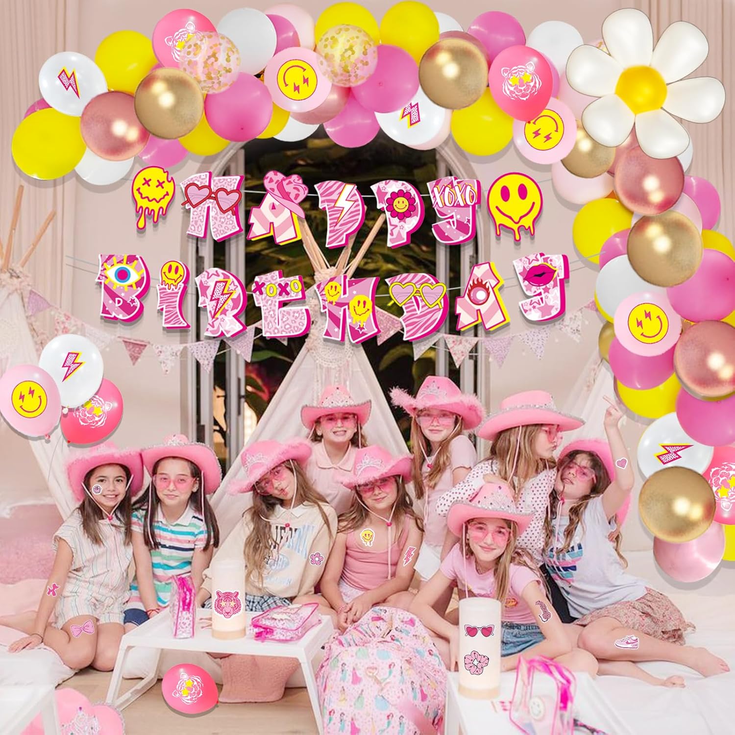 Preppy Birthday Decorations - Y2K Smiley Face Party Pack, Pink & Yellow Backdrop Banner, Balloon Garland, Tablecloth, Cake & Cupcake Toppers, Stickers & Cutouts