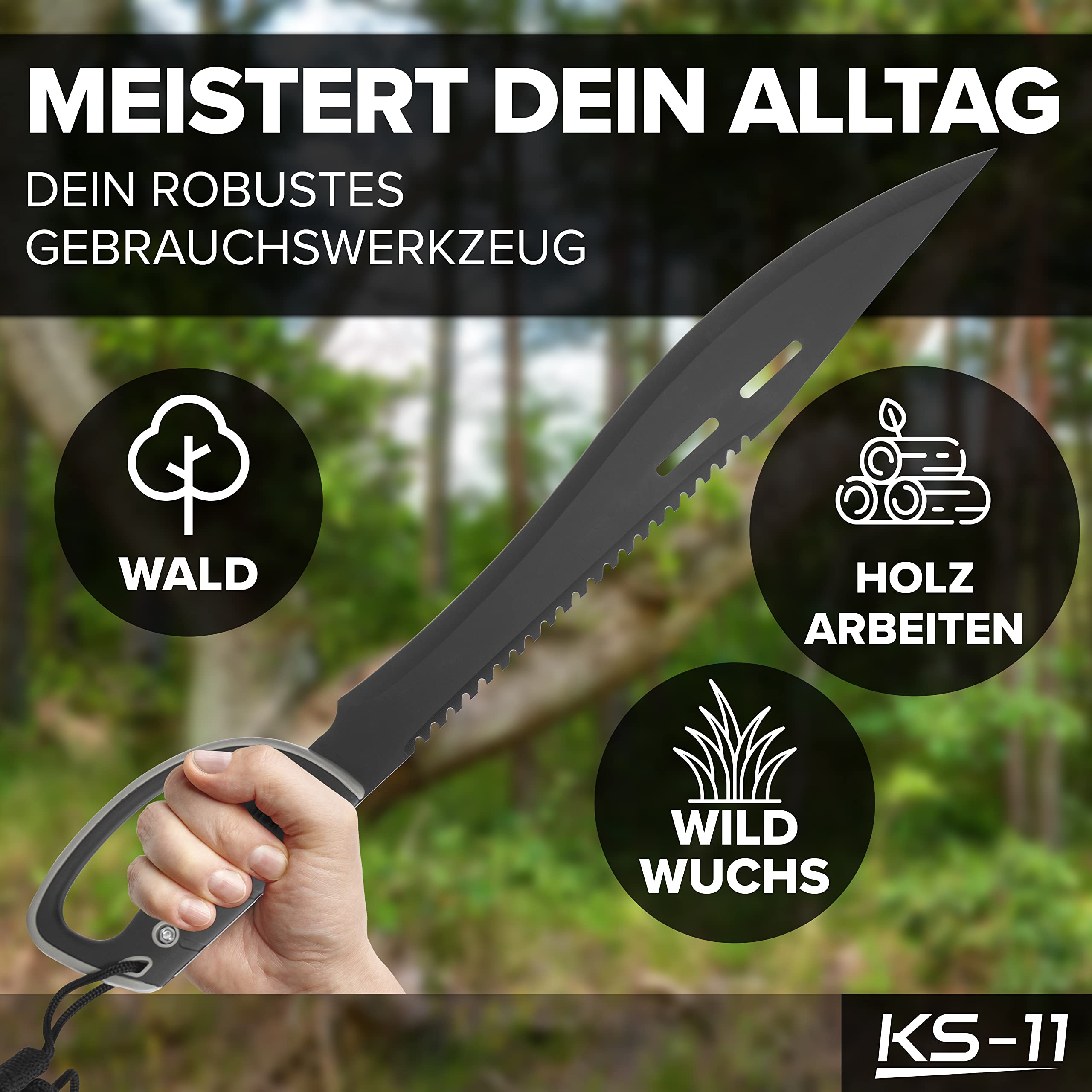 KS-11 Machete mit Säge in Schwarz mit Stabilen Griff und Handschutz Gesamtlänge ca. 61 cm, 420er Edelstahlklinge 420 Rostfrei Machete Survival