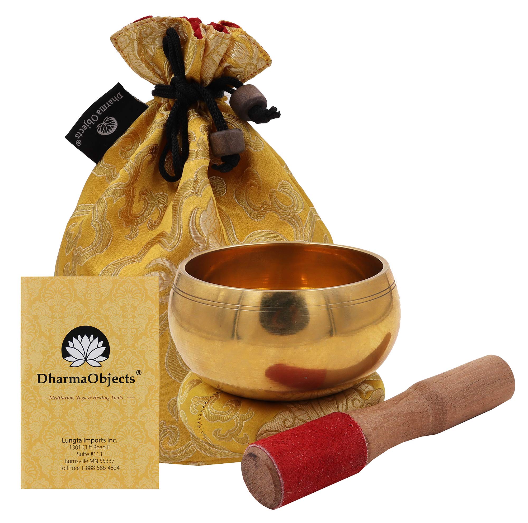 DharmaObjectsMedium ~ Tibetan OM MANI Singing Bowl Set ~ With Mallet, Brocade Cushion & Carry Bag ~ For Meditation, Chakra Healing, Prayer, Yoga (Yellow)