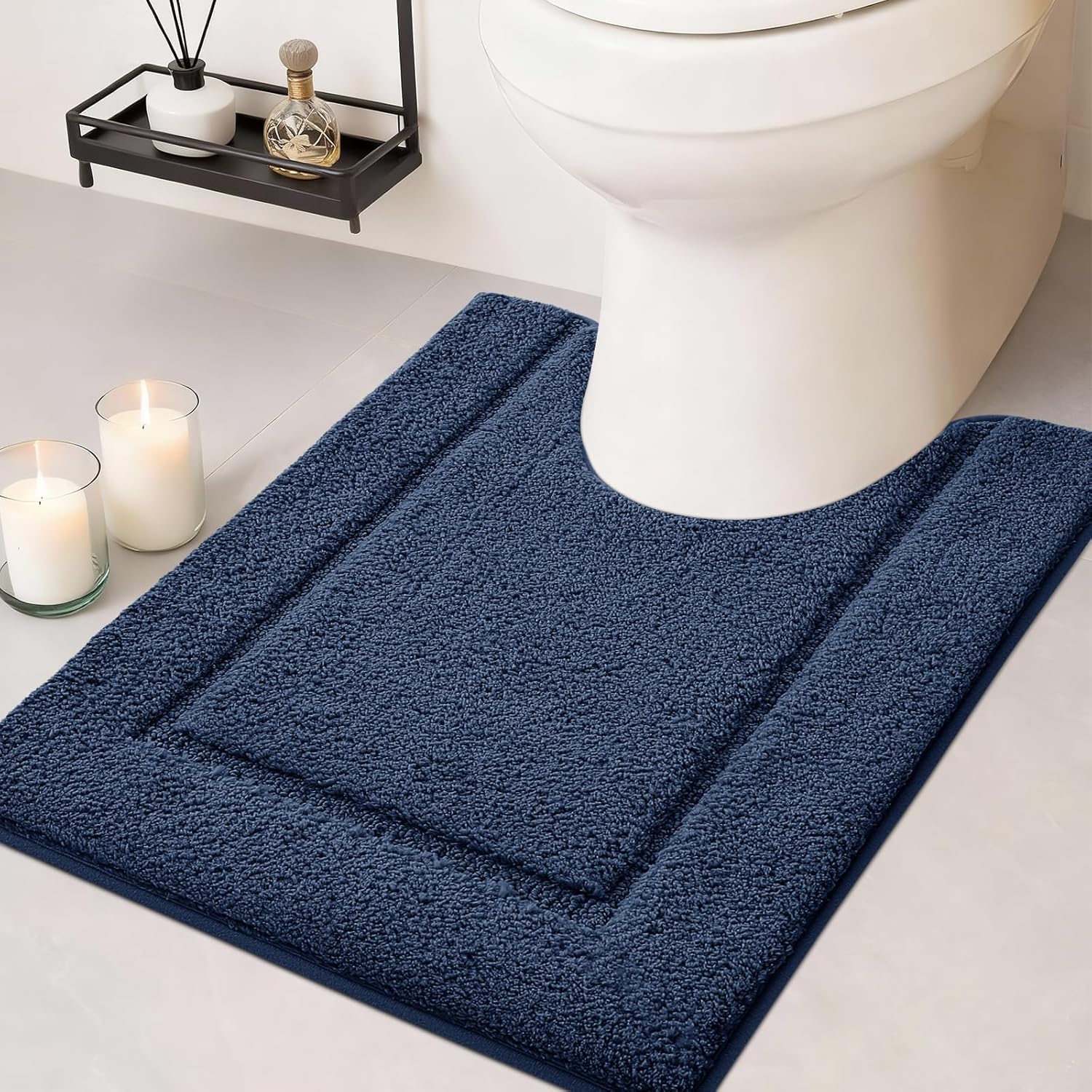 IM HOME Toilet Rugs, Ultra Soft Plush Fluffy Microfiber Absorbent Contour Bathroom Rugs for Toilet, Non-Slip Backing, Machine Washable Bath Mats for Bathroom, Tub, Navy Blue/U-Shaped 24"x20"