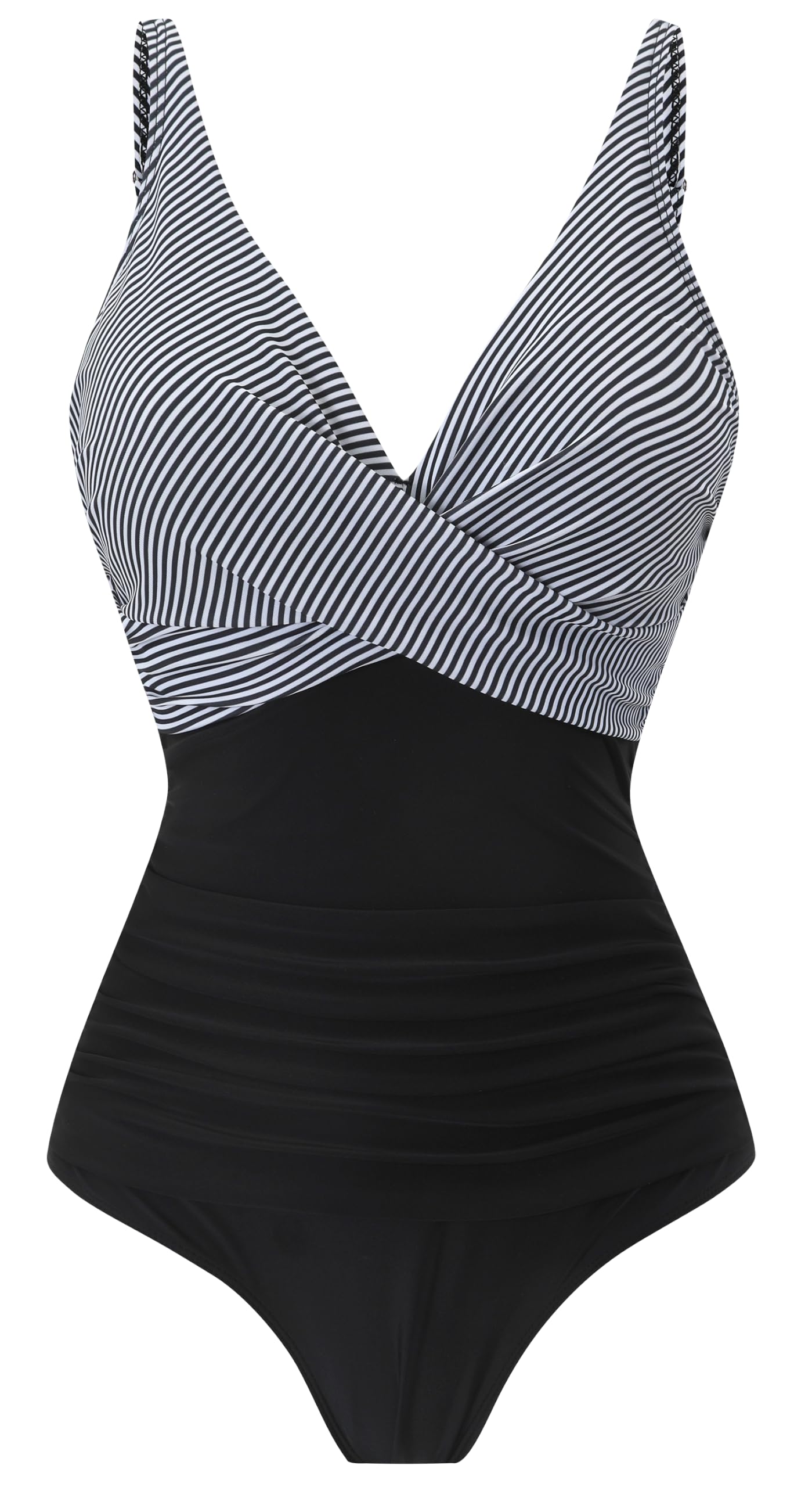 LA ORCHID Damen Badeanzug bauchweg Push up einteiliger Badeanzug bademode v Ausschnitt bademode high Waist für Urlaub Schwarz und weiß Streifen L