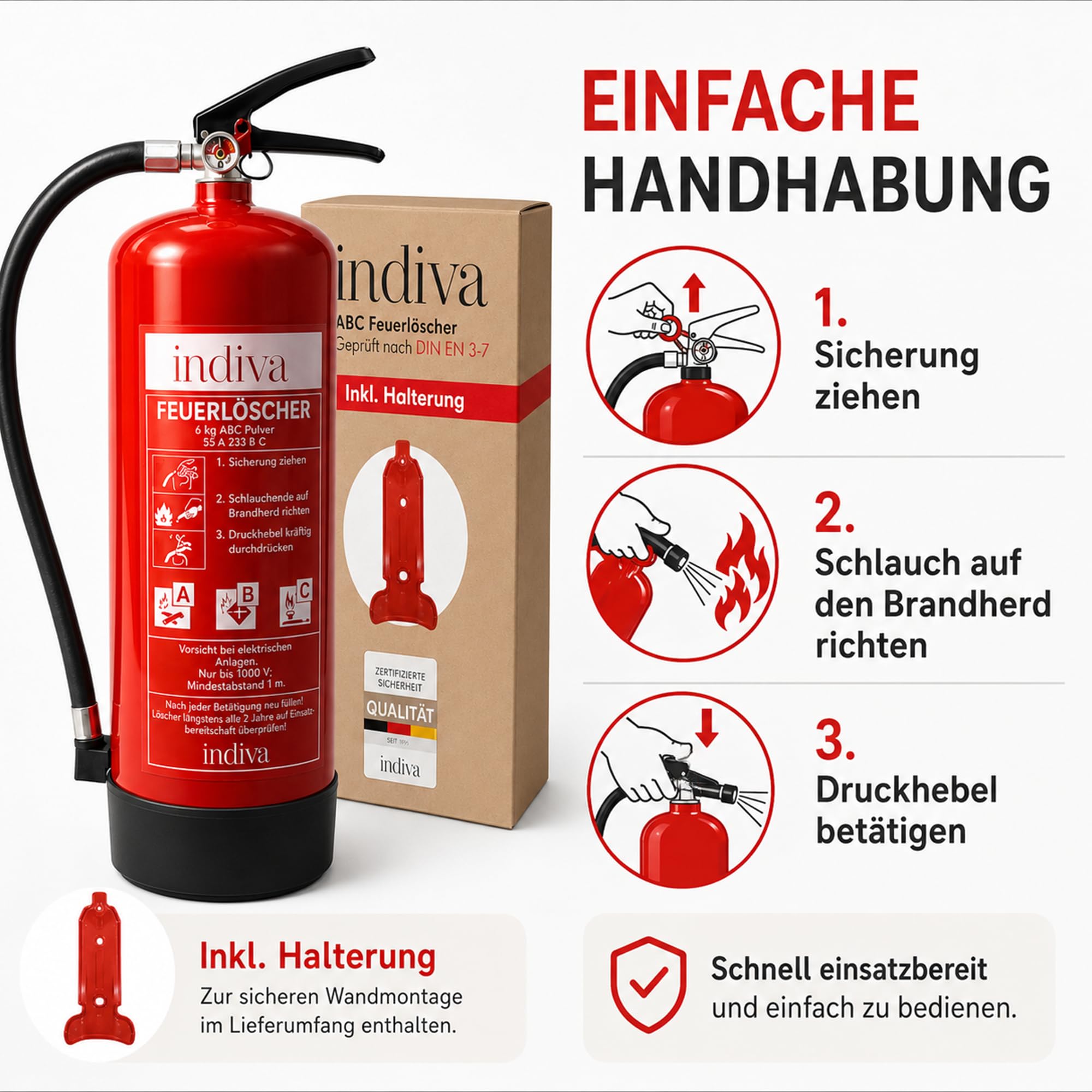 Pulverfeuerlöscher Brandklassen ABC - Feuerlöscher 6kg - Dauerdrucklöscher 43A 233 B C - Löscher für Auto, Büro, Werkstatt, Lager & Industrie - Pulverlöscher 12  Löscheinheiten