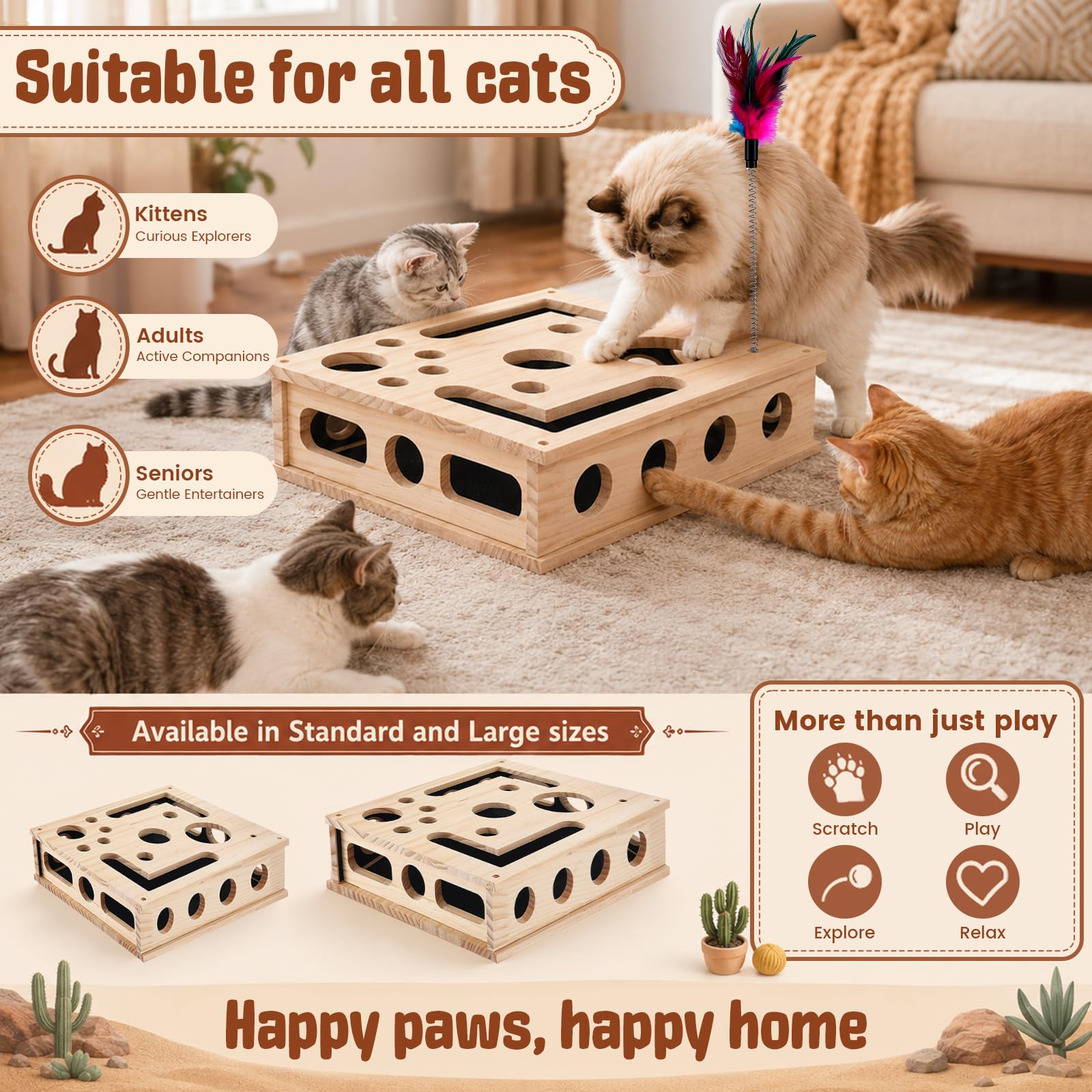 Katzen Kratzpuzzle 2-in-1 Nagelfeilen Box mit Sandpapier, Interaktives Katzenspielzeug Holz für Stressfreie Krallenpflege & Möbelschutz, Kratzbrett Ersatz für Wohnungskatzen, Natur