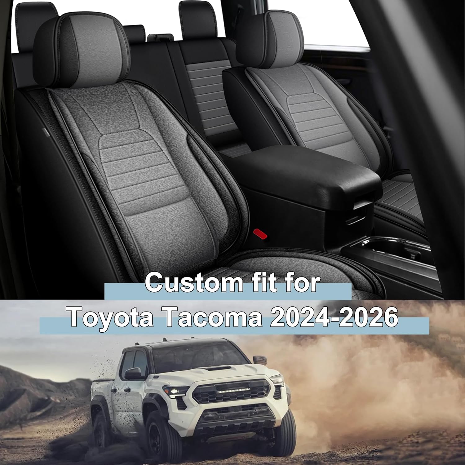 Full Set Seat Covers Custom Fit for Toyota Tacoma 2024 2025 2026 Crew Double Extended Cab Waterproof Faux Leather Full Coverage Anti-Slip Truck Seat Protectors for 4th Gen (Black & Grey)