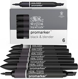Winsor & Newton - Set de Rotuladores ProMarker, 6 Unidades, 5 Negros y 1 Blender
