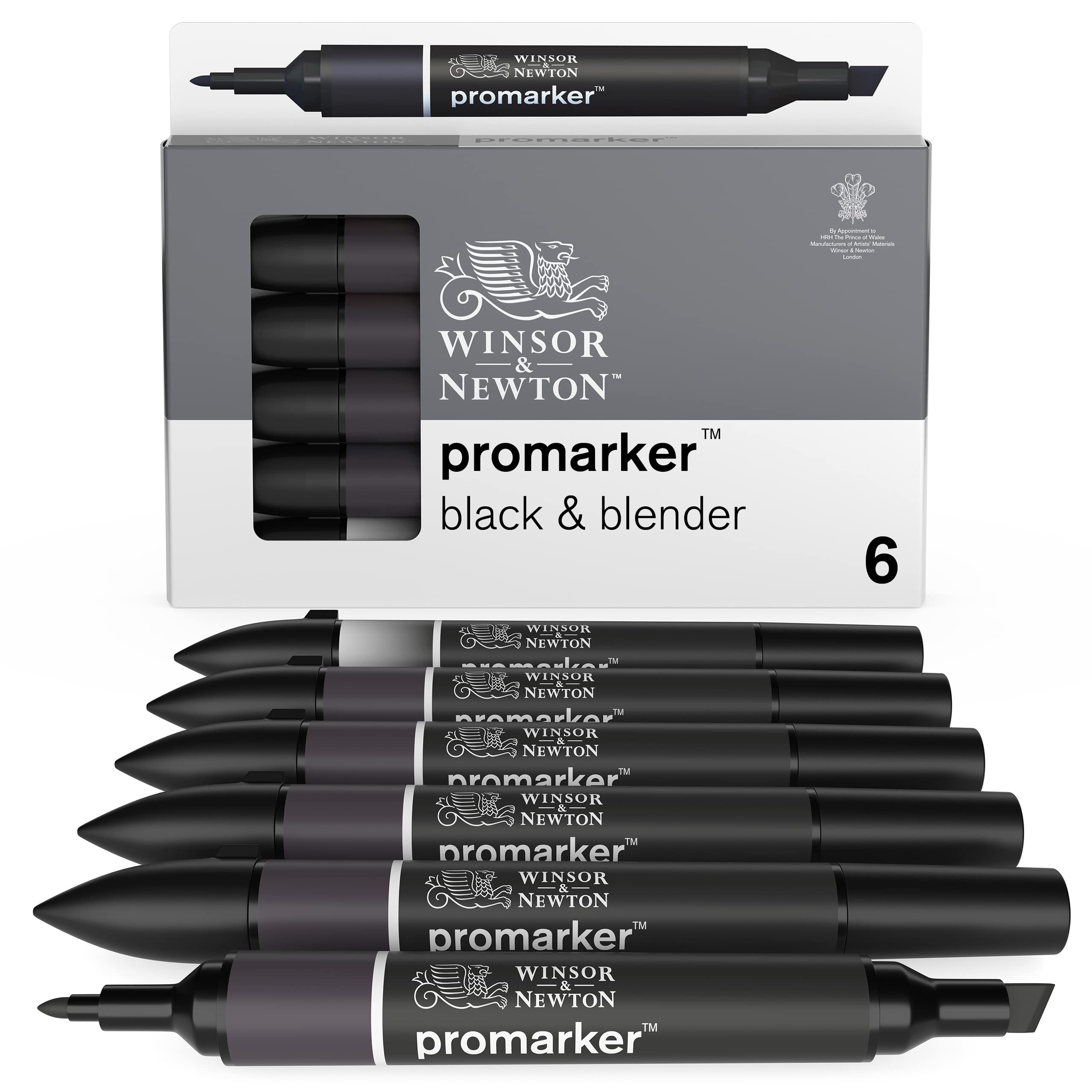 Winsor & Newton - Set de Rotuladores ProMarker, 6 Unidades, 5 Negros y 1 Blender