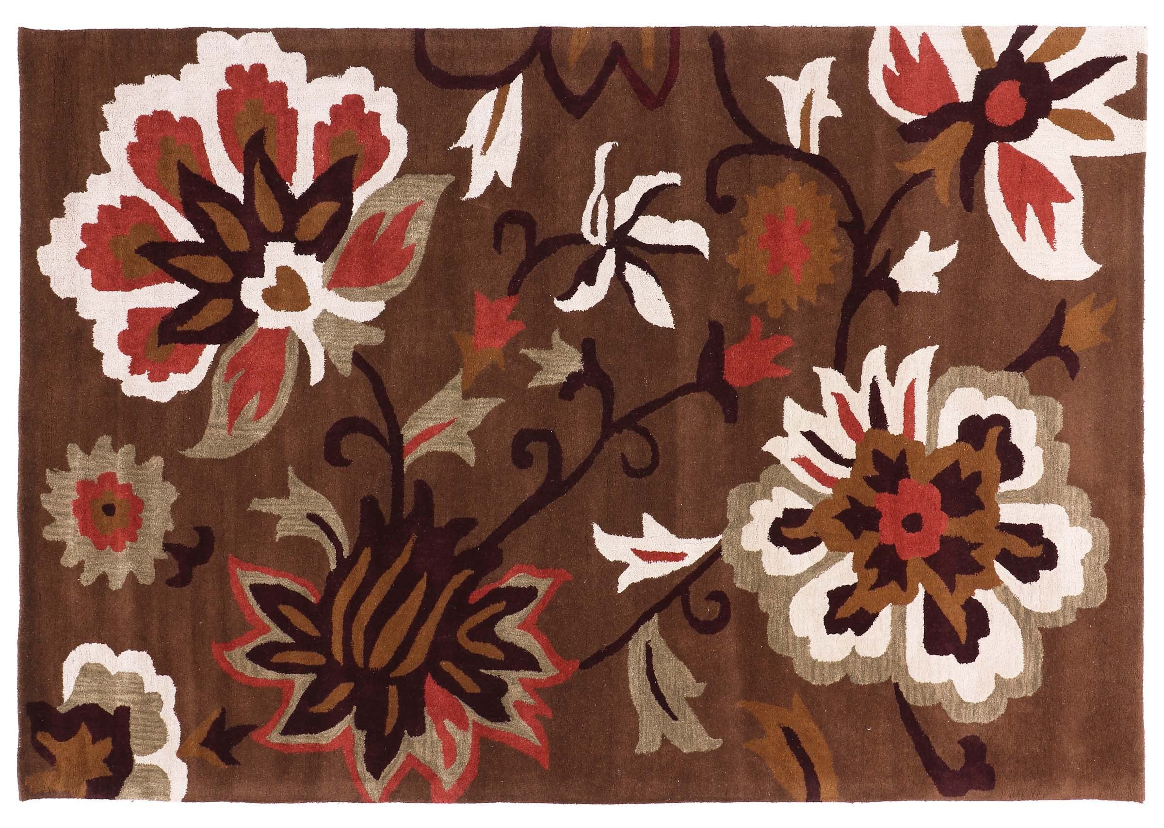 Tapis en laine fait main au motif floral marron 200x300 pour réchauffer une grande salle à manger