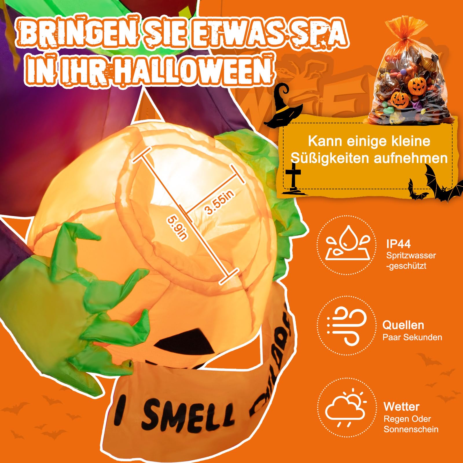 4,5 Ft Halloween deko Aufblasbar Hexe, Halloween deko Outdoor Fenster,Geisterhexen mit Kürbis-Bonbonglas,eingebaute LED, Halloween aufblasbar Halloween deko Garten,Outdoor,Party