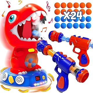 ROHSCE Movable Dinosaur Shooting Toys for Boys 4-6 & Up - Kids Target Shooting Game, Sound and Spray Effect Dinosaur Toy with 2 Air Guns and 24 Foam Balls, Target Practice Toys Gift for Boys and Girls