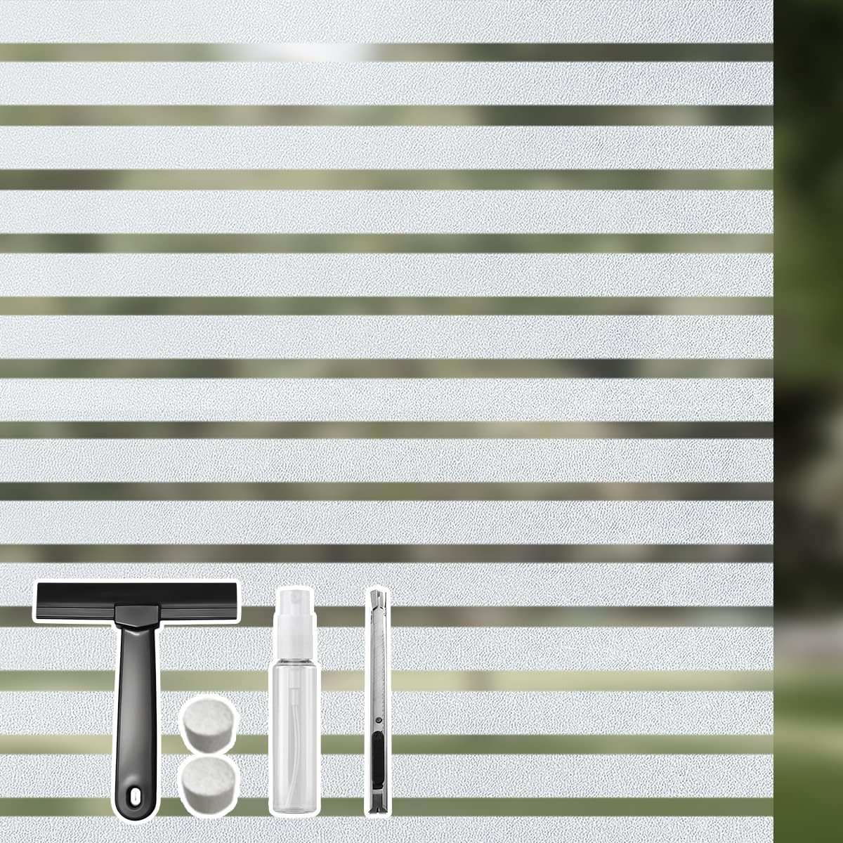 Qualsen Window Privacy Film Frosted Stripe Window Film Static Cling Heat UV Blocking Frosting Coverings, Removable Reusable Decorative Door Stickers for Meeting Room Home Office 17.4'' x 78.7''