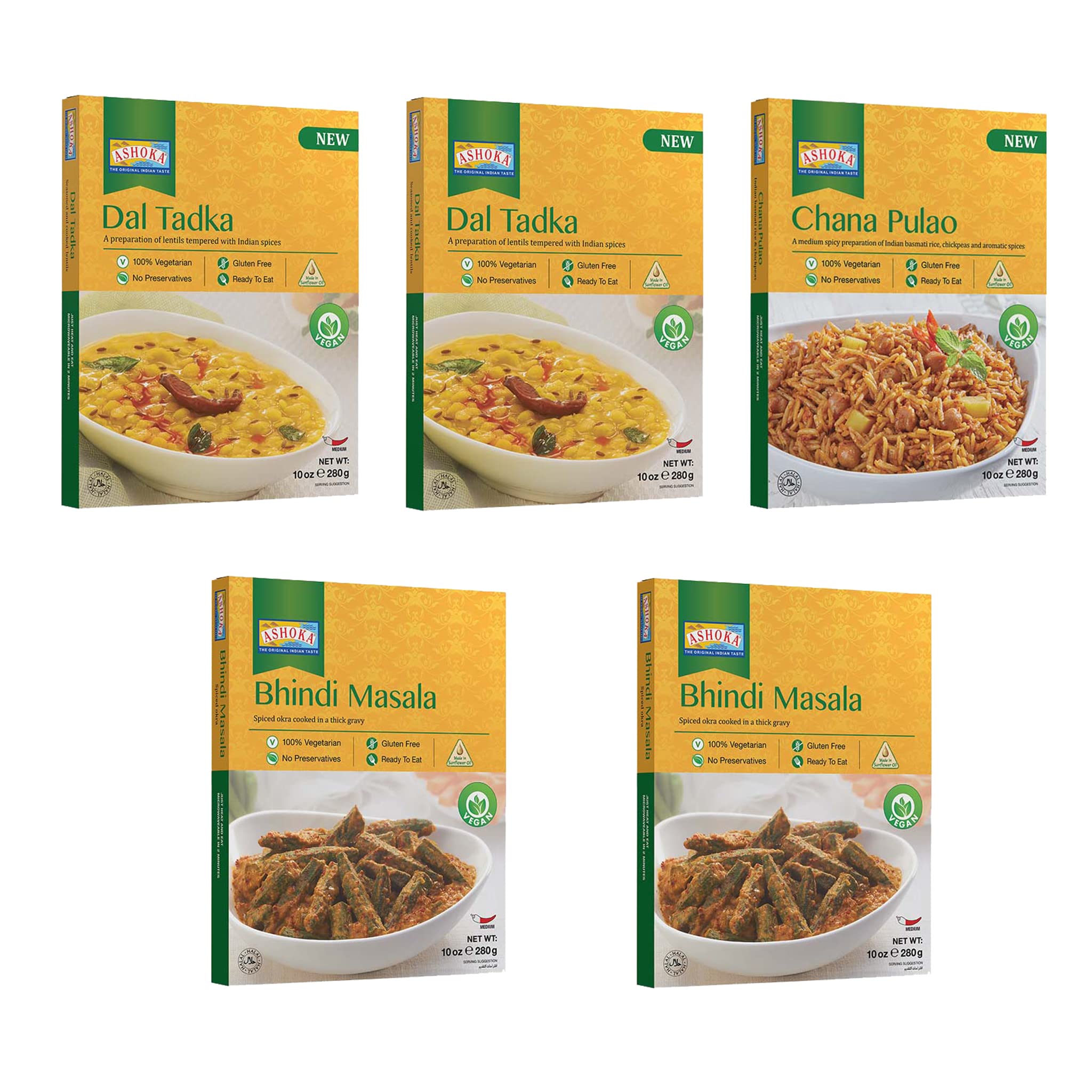 Ashoka Meals 1932, Heat & Eat Meal Kit, Customer Favorites, Kosher Certified, Plant-Based Variety Pack, On the Go Meal, Great for Outdoors & Picnics, Authentic Indian Food, No Preservatives, Pack of 5