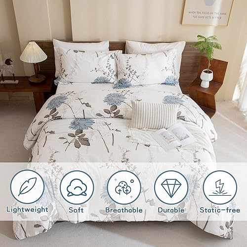 Miniatura 2 de CozyTide Juego de edredón floral tamaño King, 100% algodón, 3 piezas con estampado botánico blanco y azul, lavable a máquina