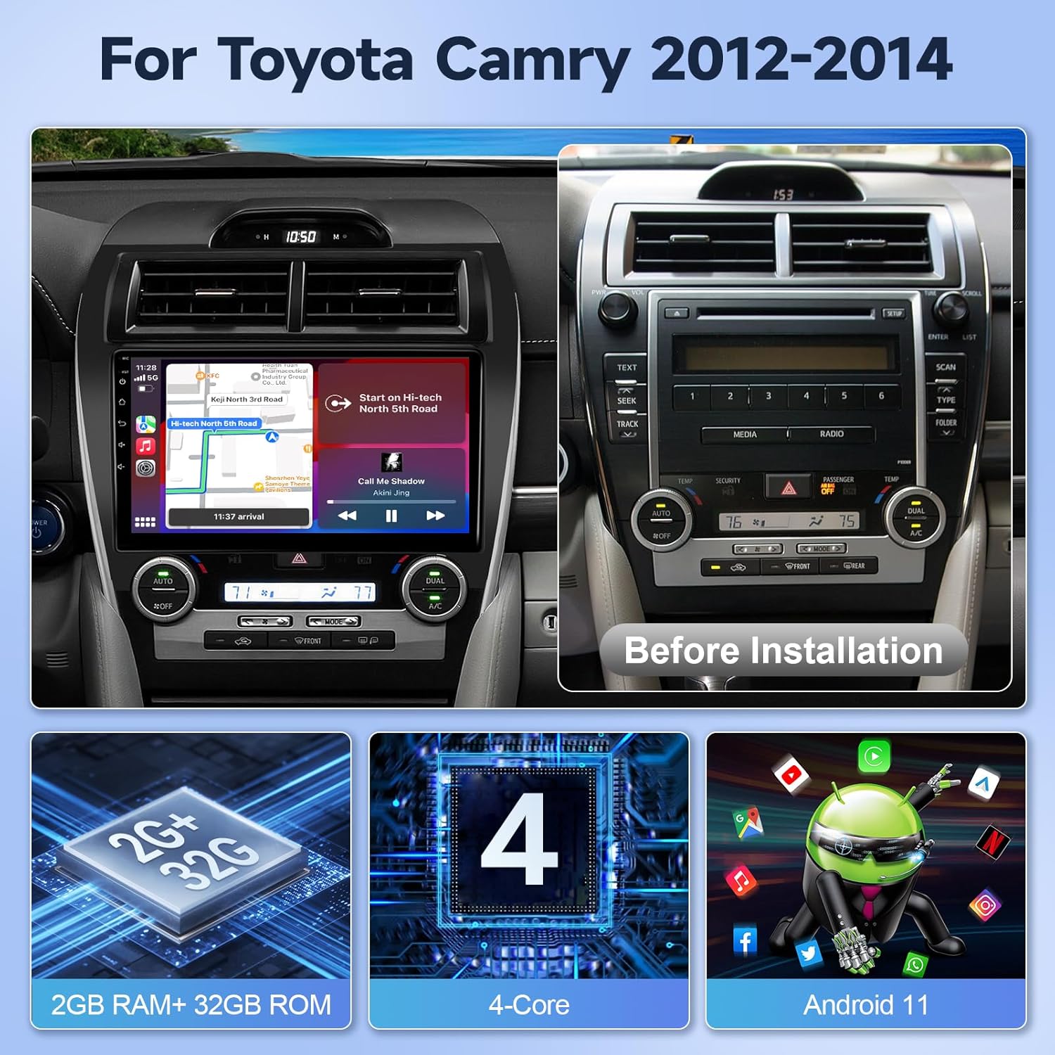 Leadfan Android Car Radio for Toyota Camry 2012 2013 2014 Stereo Upgrade with Wireless CarPlay Android Auto, 2+32G 10.1'' IPS Touchscreen in-Dash WiFi Bluetooth GPS Navigation SWC Backup Camera MIC