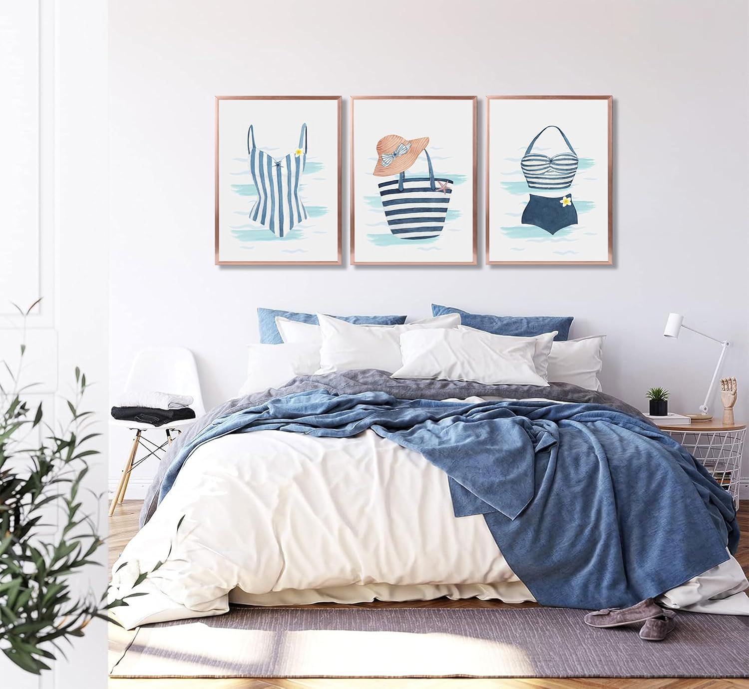 3pcs Coastal Blue Swimsuit Canvas Wall Art Summer Beach Bikini Swimsuit Posters Prints Paintings Coastal Granddaughter Room Pictures Wall Decor for Living Room Bedroom Sea View Room Home Decoration