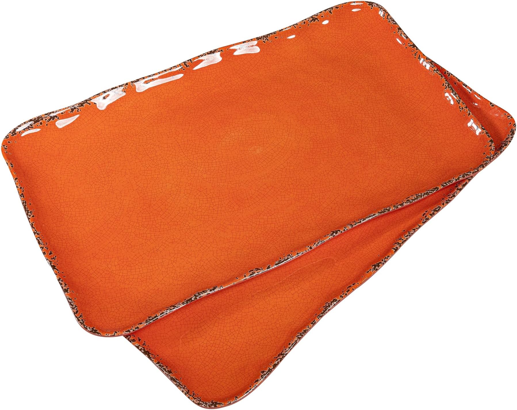 ZAROCRUS Vintage Melamine 17" x 10" Serving Platters for Serving Food, Set of 2, 100% Melamine Large Rectangle Serving Trays Sets for Fruit, Appetizer, Dessert, Home and Party Use. Orange