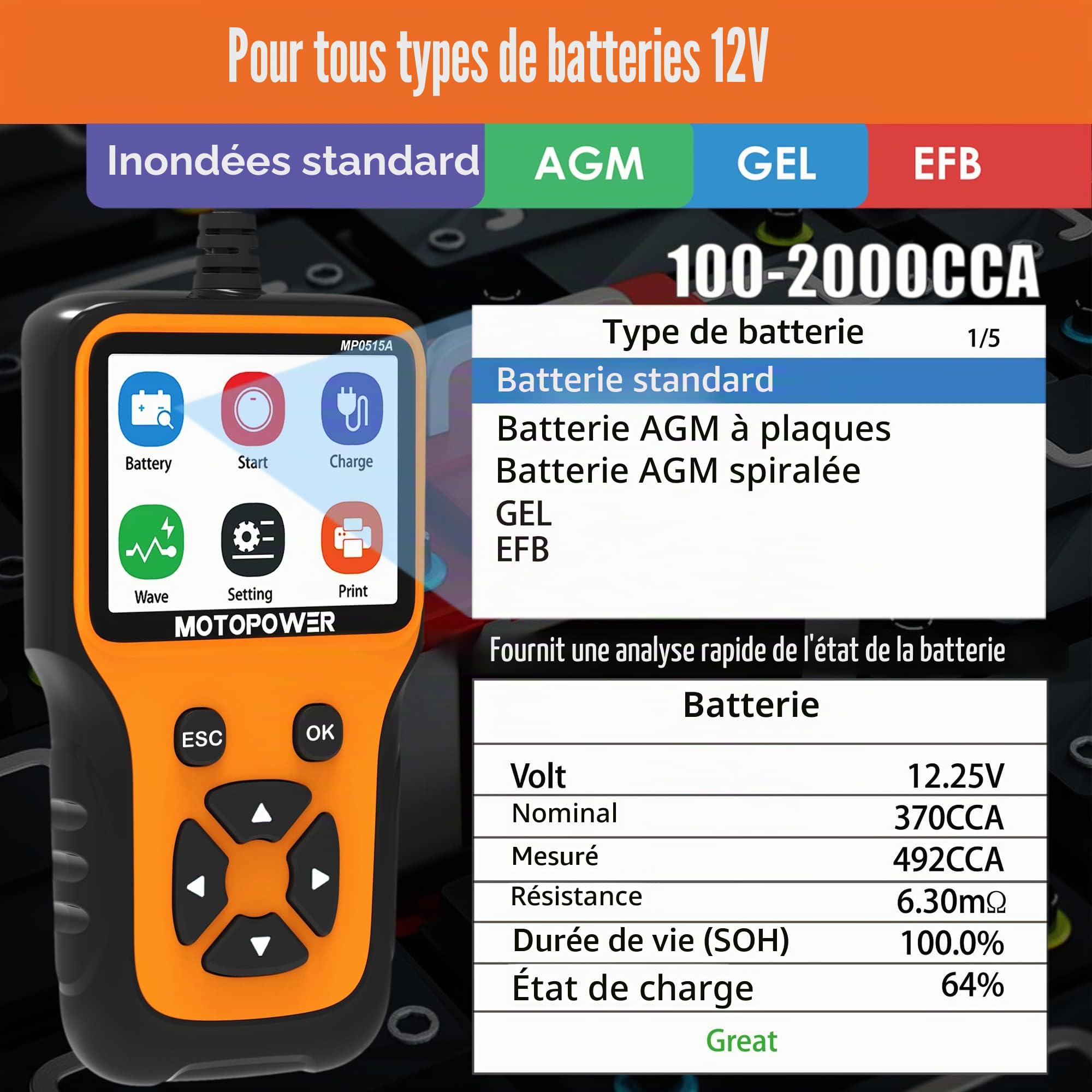 MOTOPOWER MP0515A Testeur de charge de batterie de voiture de 12V 100-2000 CCA, Test du système de charge, Analyseur alternateur