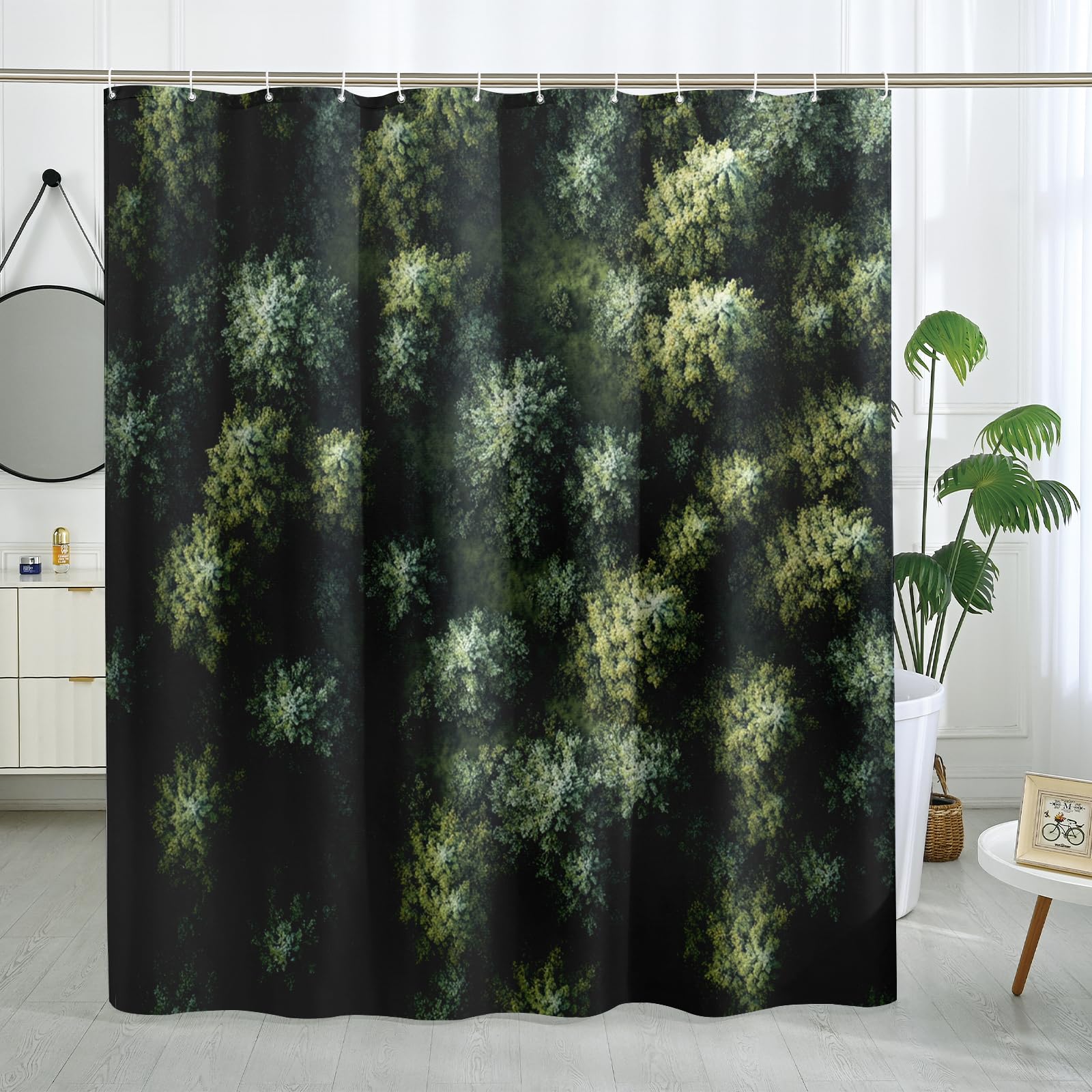Ensemble de rideau de douche printanier surplombant la forêt, rideau de douche arbre nature 3D, accessoires de salle de bain bois, motif imprimé décoratif -72 x 78 cm