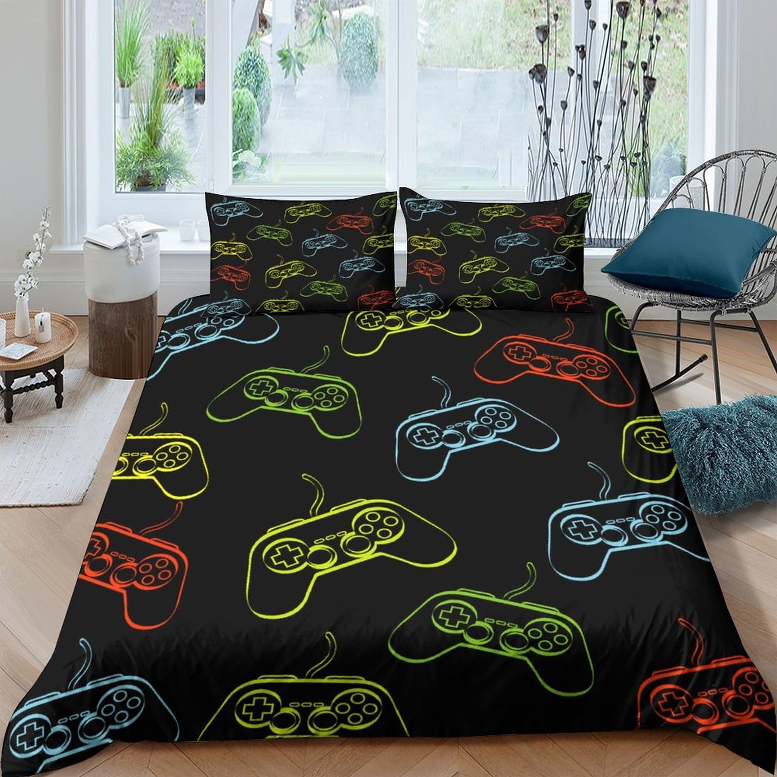 GPLZQXKJNH 3D Printed Game Controller Duvet Cover Set Microfiber Soft Breathable Neon Pattern Bedding with 2 Pillowcases for Bedroom Decor Single（135x200cm）