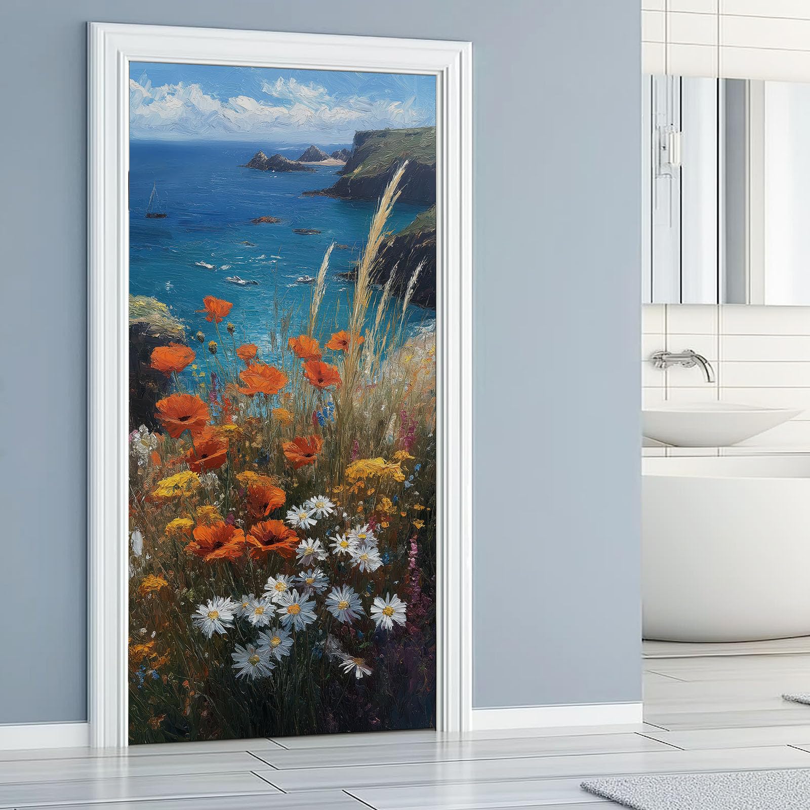 Malarstwo olejne styl naklejka na drzwi 90 x 200 cm, kwiaty wybrzeża, ocean, PCW, samoprzylepna, plakat na drzwi, fototapeta, niebieska, wodoodporna, winylowa, zdejmowana naklejka na drzwi, "zrób to