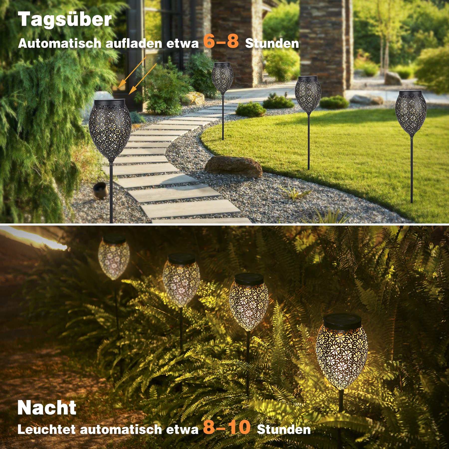 Solarleuchten für Außen Metall 6 Stück, IP65 Wetterfest Solarlampen für Außen Gartenstecker mit Blumenmuster, Vintage Gartenbeleuchtung Solar Wegeleuchten Höhenverstellbar, Weihnachtsdeko für Frauen