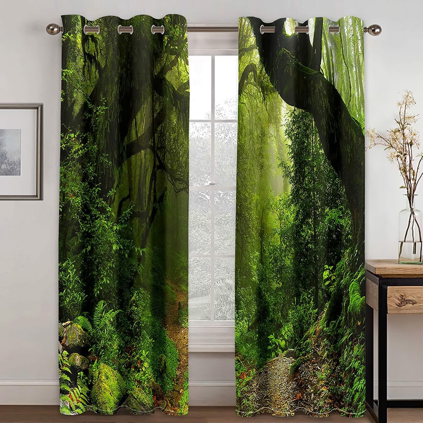 Verdunklungsvorhänge Grün, Vorhänge Vintage Polyester Grüner Wald Gardine 2er Set B 107 x H 160 cm