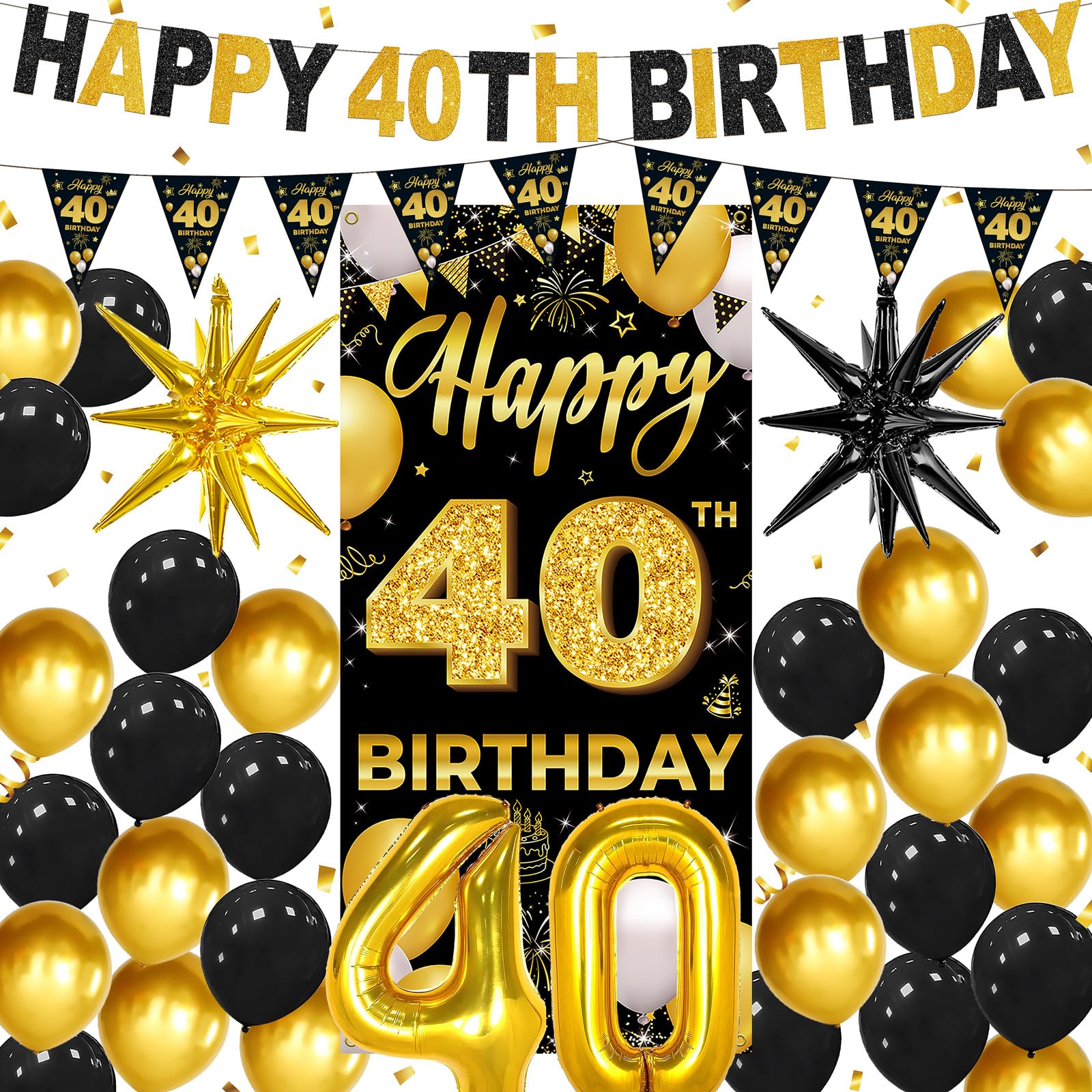 HTDZZI Black and Gold Happy 40th Birthday Decorations for Women Men, 40 Year Old Party Supplies with Fabric Backdrop, Balloons, Pre-strung Banner,
