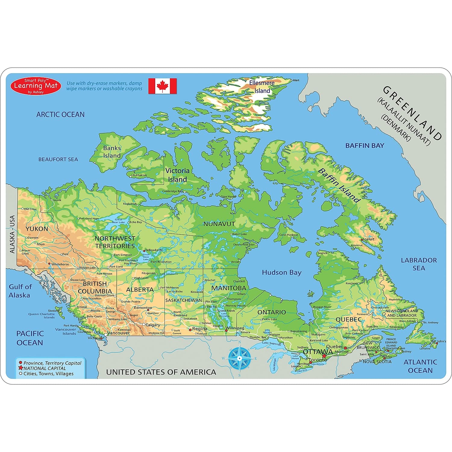 Ashley Productions ASH95024 Smart Poly(tm) Learning Mat, Canada Map Physical, Polypropylene (PP)/Paper, 12" x 17"