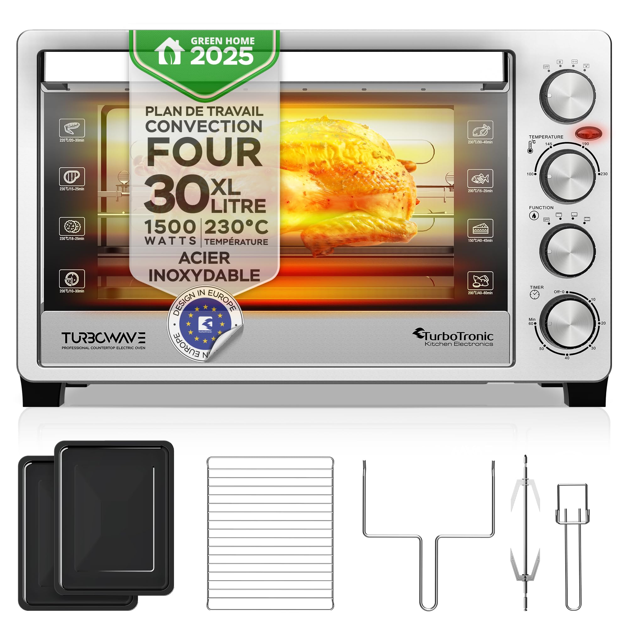 TurboTronic EVS30, Four électrique 30 L, Four posable à chaleur tournante, Mini four, 1500 W, 230°C, Argent