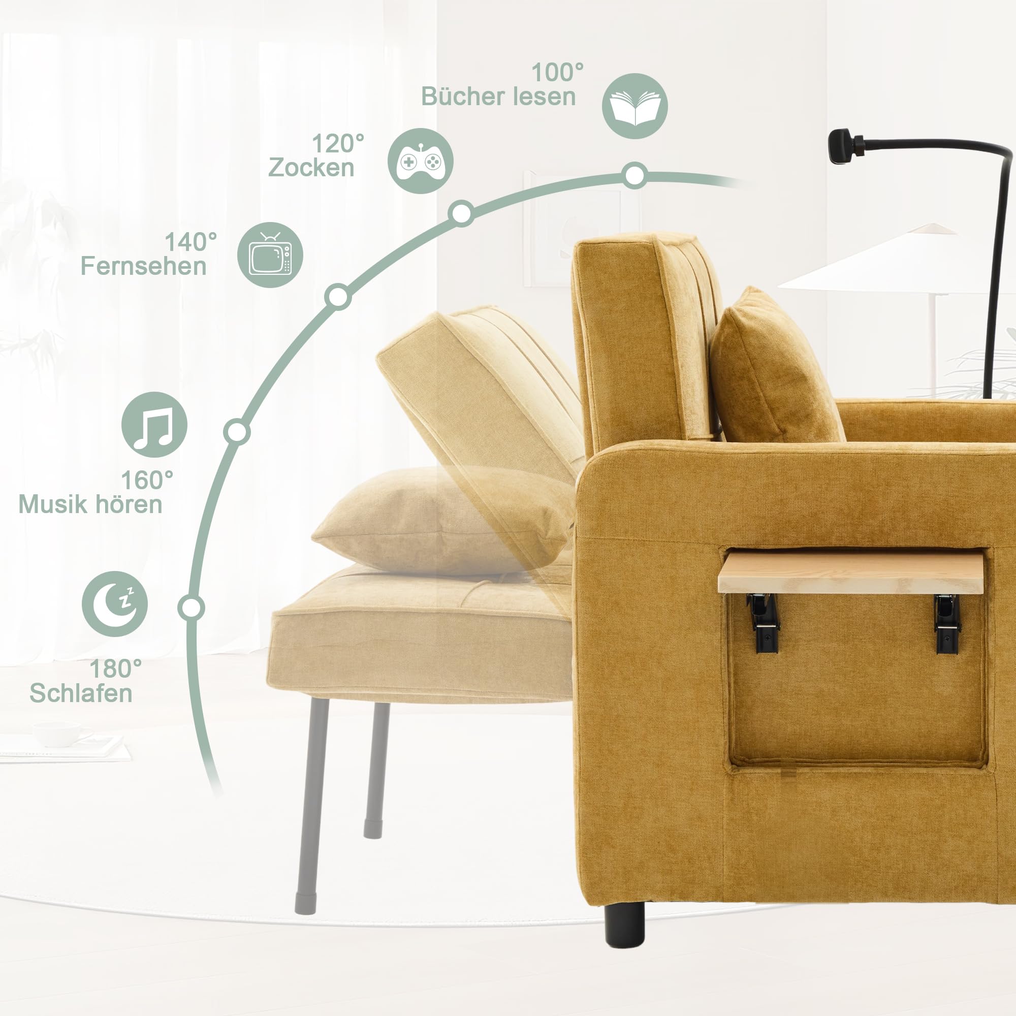 Sofá cama individual multifuncional de chenilla, sofá plegable con función de dormir, silla de sofá con mesa auxiliar pequeña y bolsa de almacenamiento, para salón y dormitorio, color amarillo