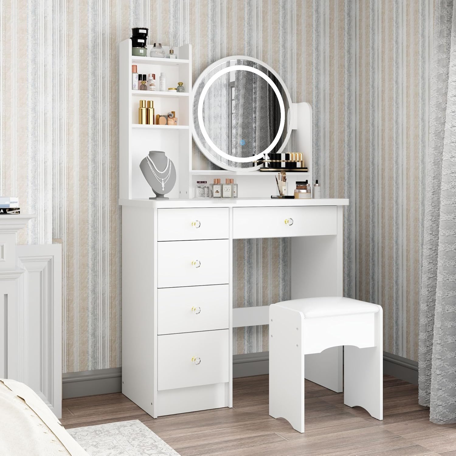 Timechee Make up Vanity Desk with Mirror, Vanity Set with Chair, Storage Drawers, Shelves & Cushion Stool, Makeup Table for Bedroom, White