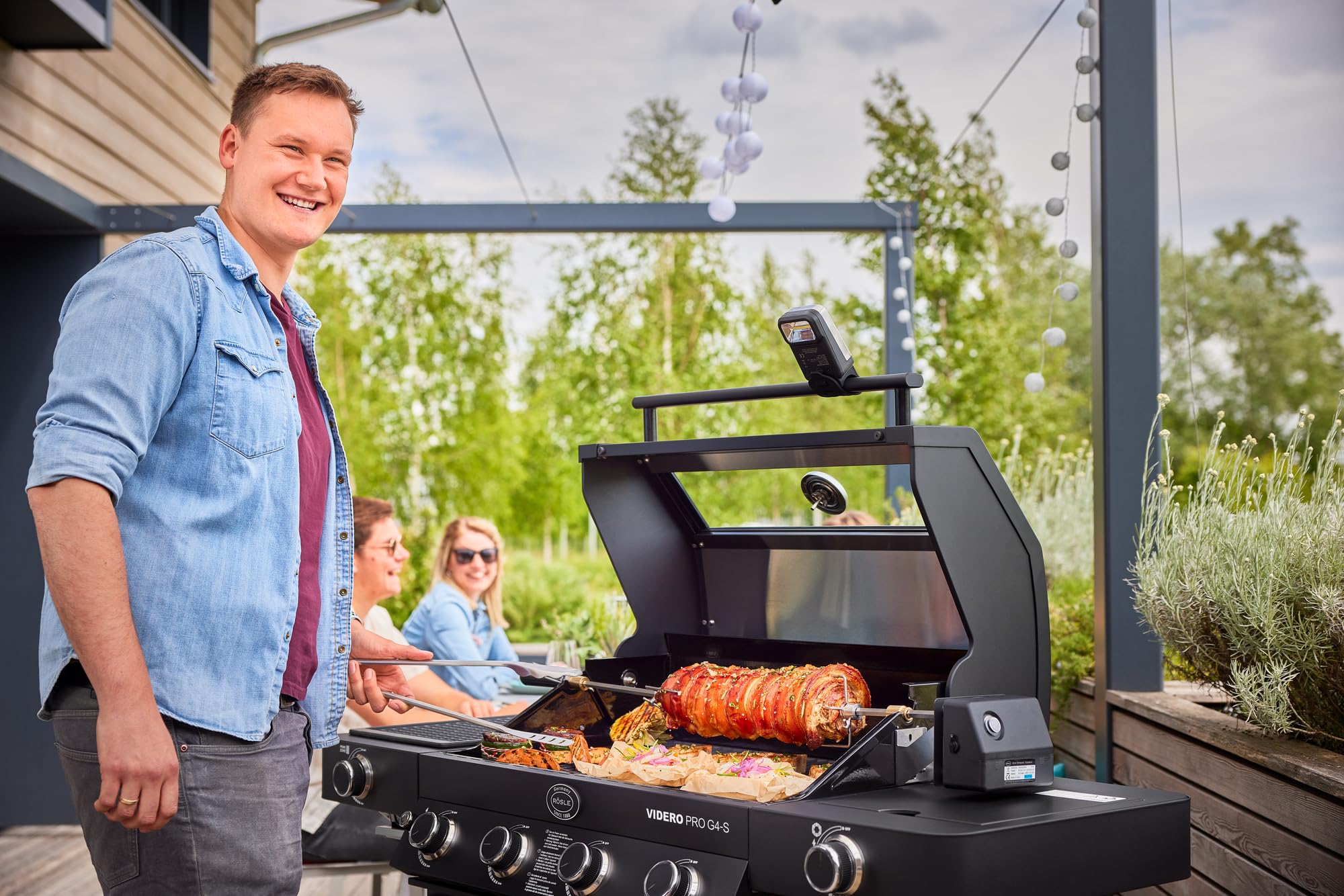 RÖSLE ALLFLAME Broche à rôtir pour barbecue en acier inoxydable, brochette 6 pans, jusqu'à 10 kg, moteur électrique avec bloc d'alimentation, 3 tr/min, argenté/noir