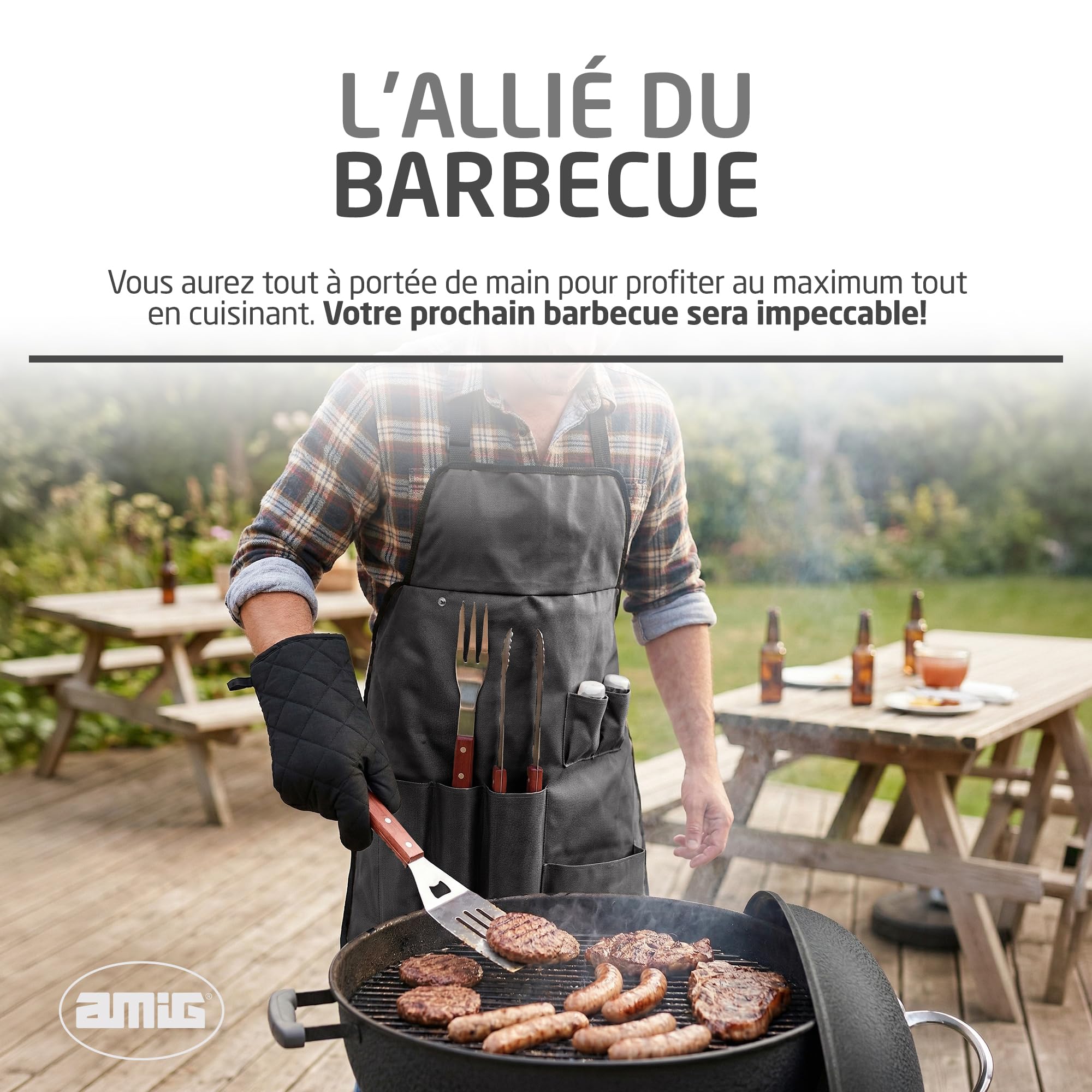 Amig - Tablier de Barbecue avec 7 Accessoires - Acier Inoxydable - Ensemble d'ustensiles BBQ - avec Poches - Accessoires Pratiques et présentation soignée pour Cadeau - Mod. AM17