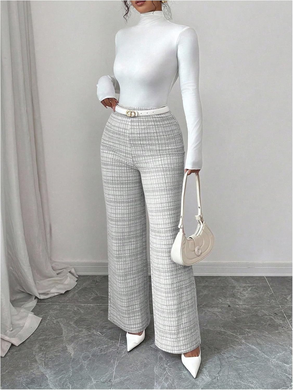 Floerns Women's Elastic High Waist Plaid Straight Leg Pants Fall Clothes Knitted Trousers - Image 2