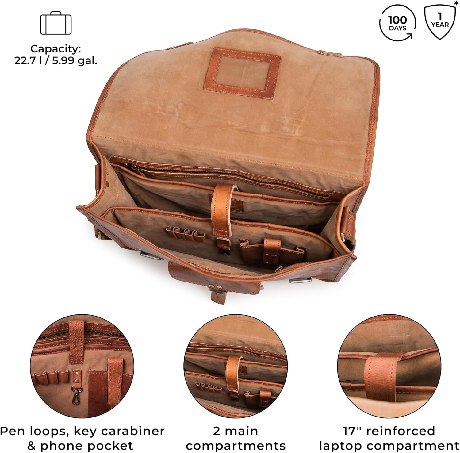 BERLINER BAGS Vintage Genuine Leather Messenger Bag Berlin XXL, Laptop Bag, Work Bag, Briefcase for Men and Women - Brown