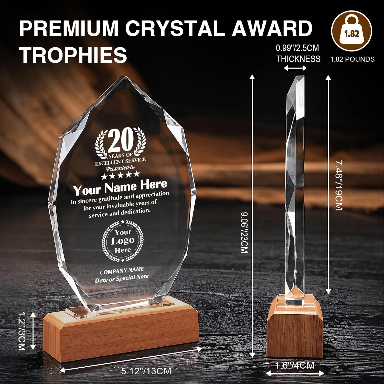 Custom Crystal Trophy Award with Wood Base, Personalized Plaque with Engraved Logo Name, Boss, Coworker, Employee Appreciation Gift, Retirement Recognition Awards and Trophies (Years of Service)