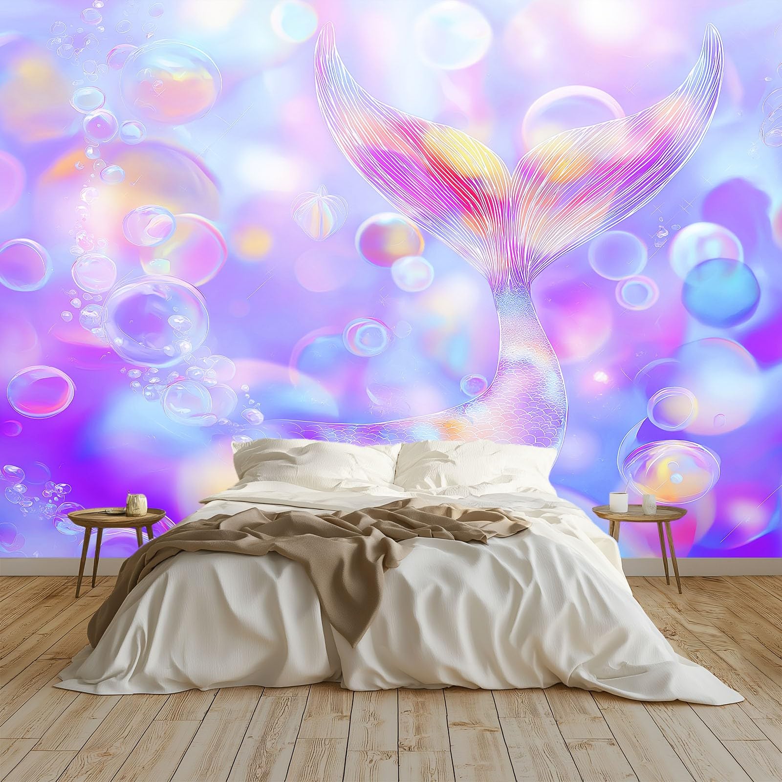 Panoramiczna tapeta 3D 250 x 175 cm fantazyjne zwierzęta syrenka bąbelki tapeta z włókniny, plakat ścienny do salonu, dekoracji pokoju dziecięcego, łatwy montaż, fioletowy