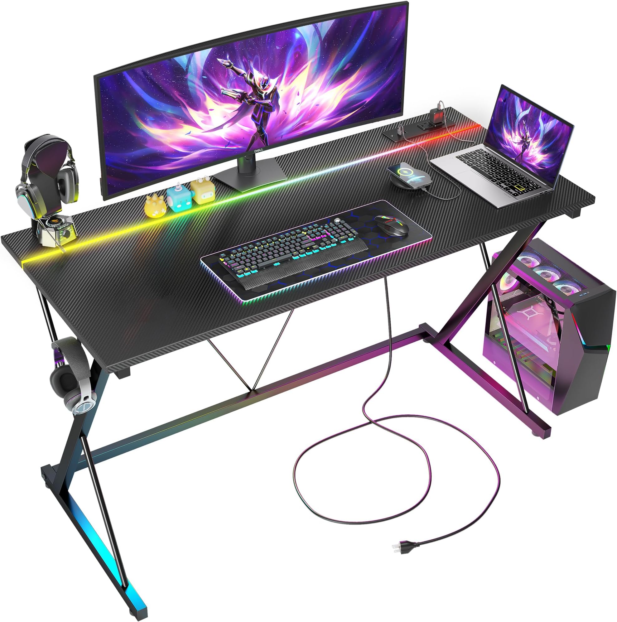 BEXEVUE Gaming Desk with LED Power Strip, 120x50 cm Computer Gamer Desk, 2 Outlets, USB and Type-C Ports, Modern X-Frame Design, Headphone Hook, Carbon Fiber Black