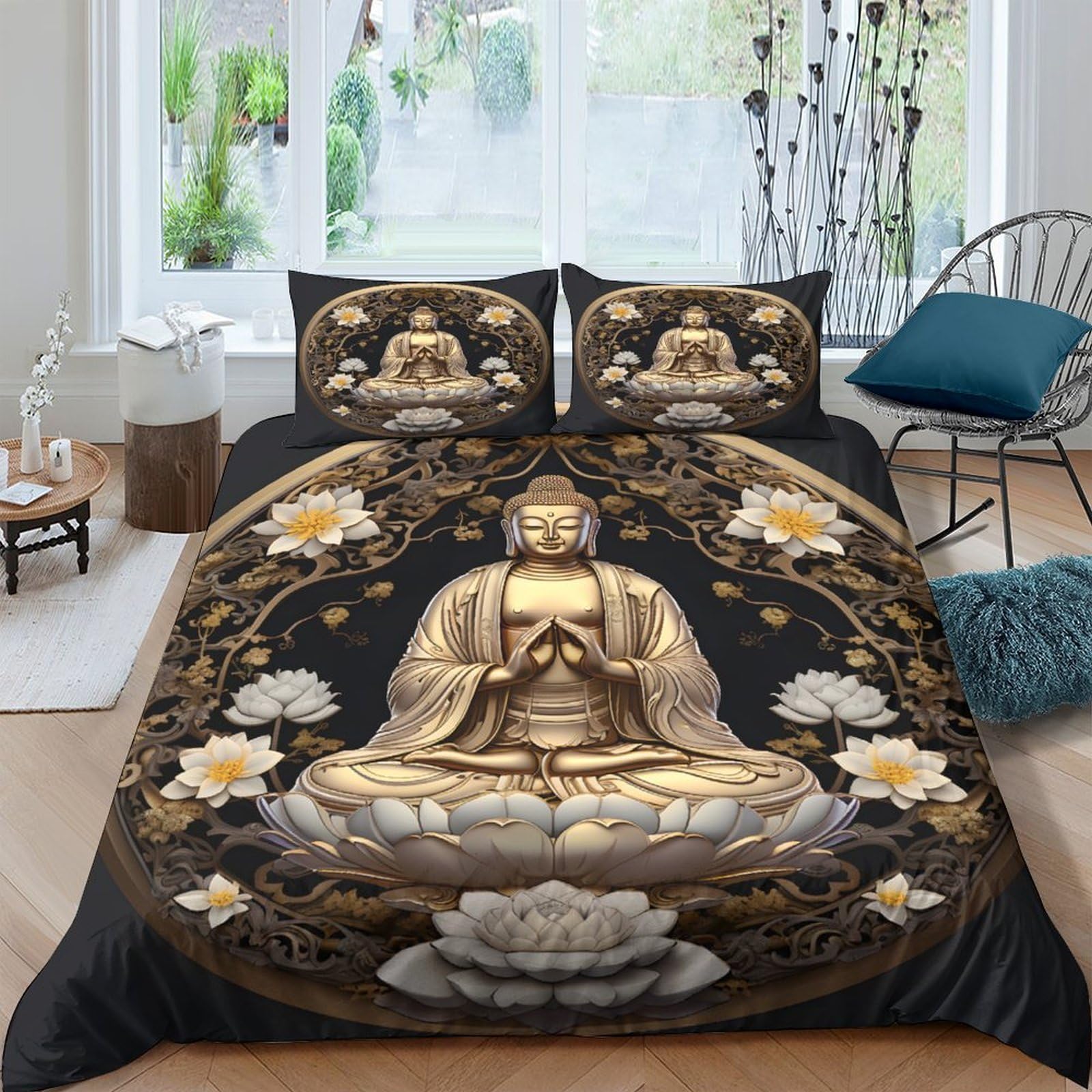Ctjqhvkz Style-4 3D Printed Golden Buddha Fitted Sheet Microfiber Soft Black Lotus Bed Cover For Bedroom Guest Room Decor Single（135X200cm）