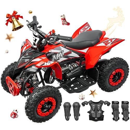 Kids Gas 4 Wheeler 49cc ATV with Full Safety Gear - Pull Start, Knee Pads, Wrist Guards, Chest Protector, Red